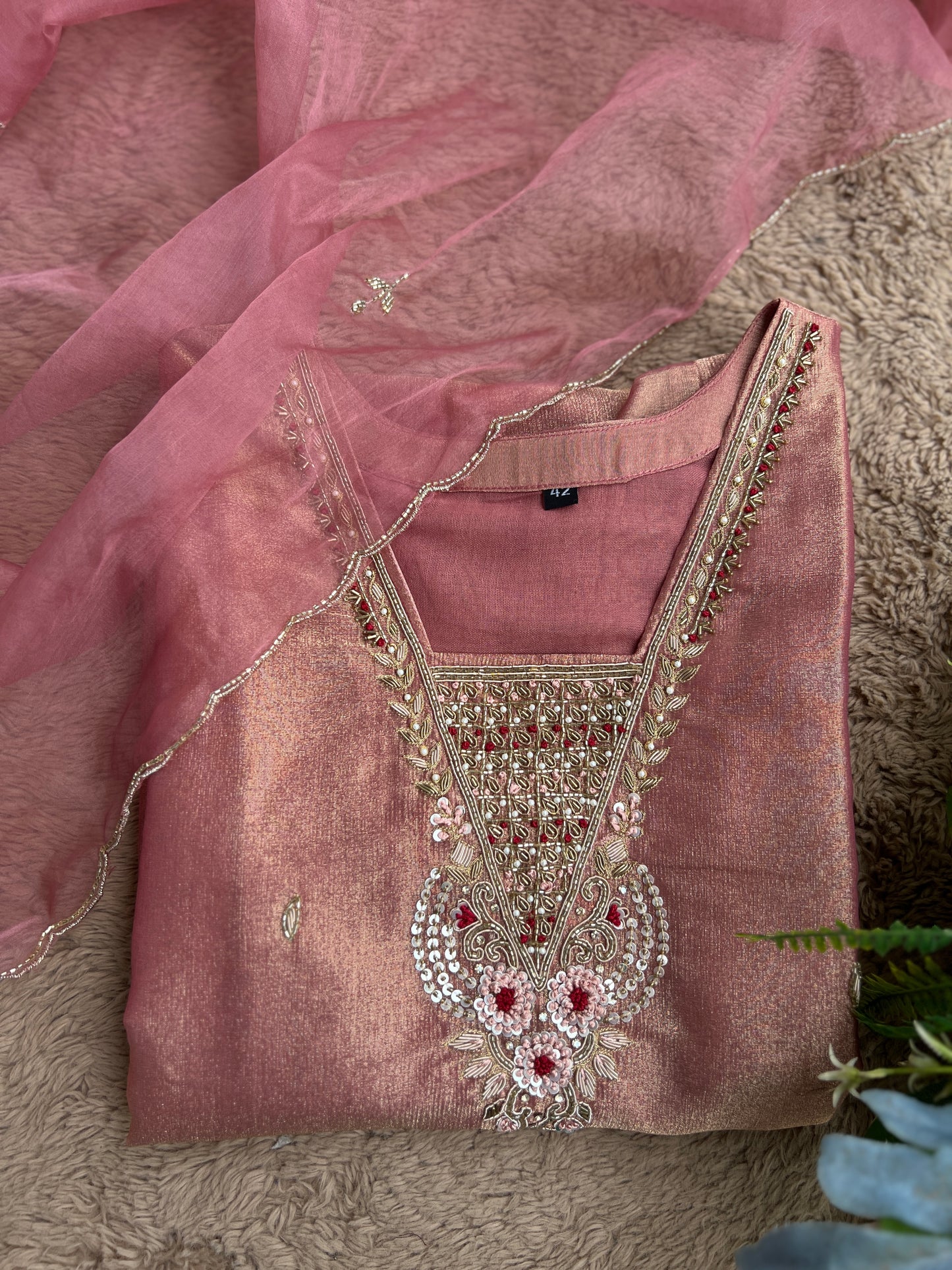 Shimmer Tissue Handworked Salwar Suit with Organza Dupatta – Festive Elegance