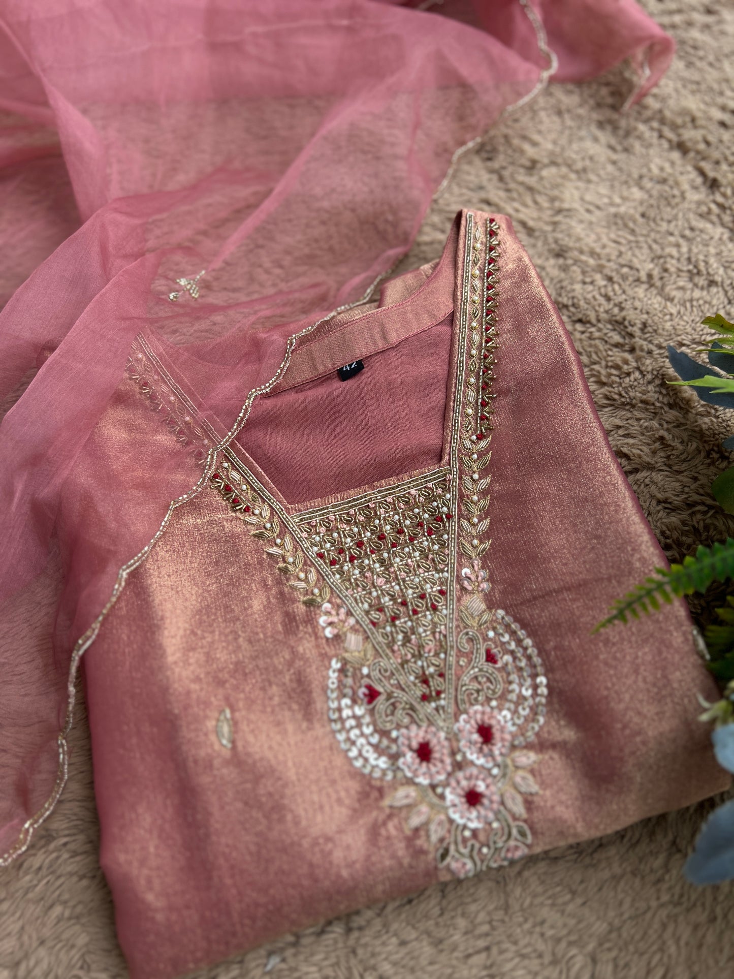 Shimmer Tissue Handworked Salwar Suit with Organza Dupatta – Festive Elegance