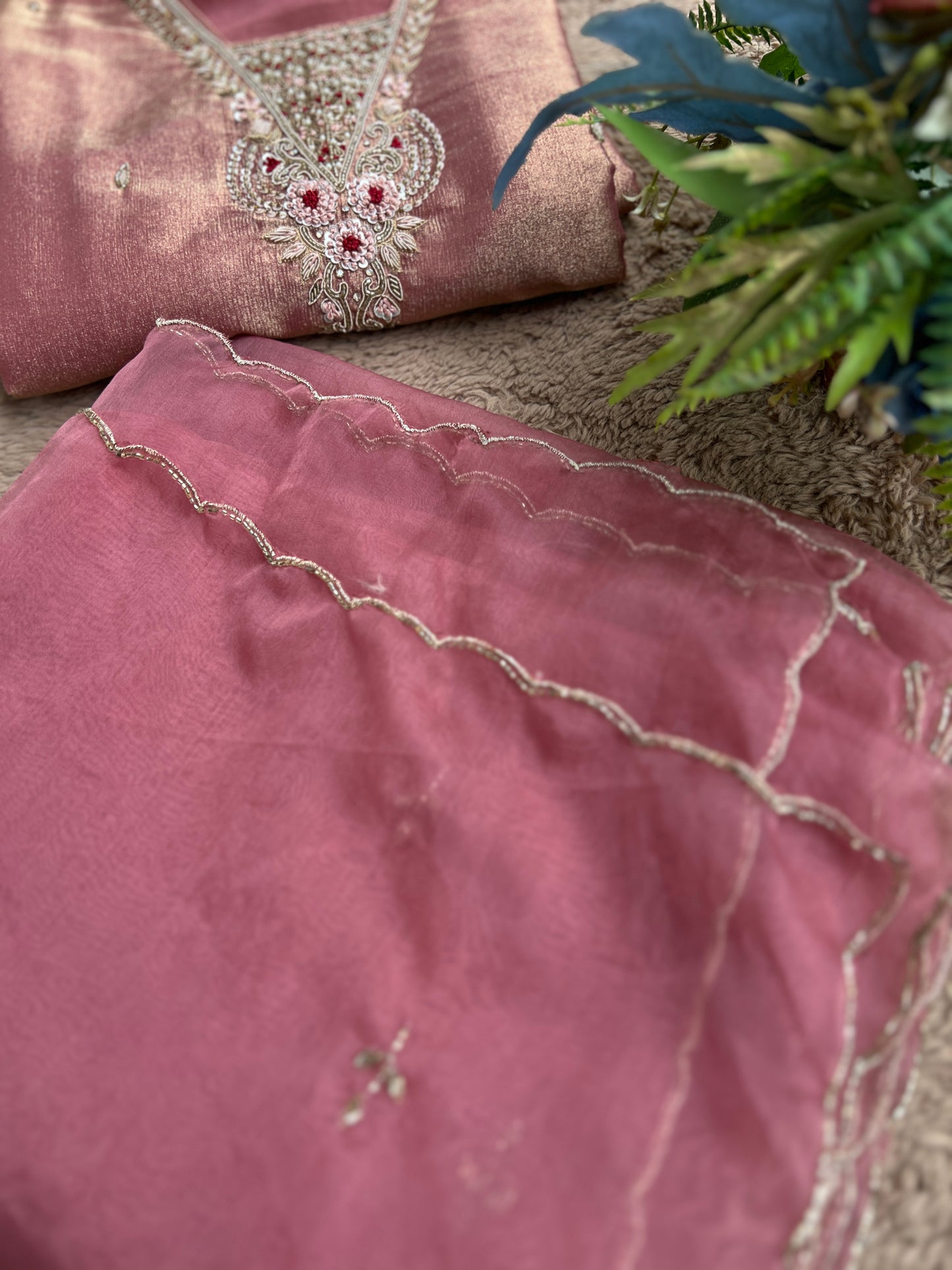 Shimmer Tissue Handworked Salwar Suit with Organza Dupatta – Festive Elegance