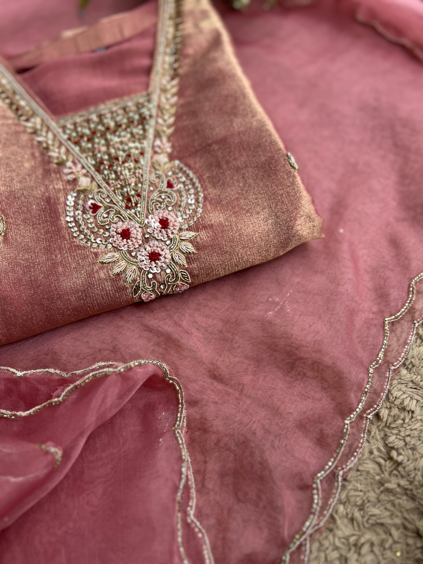Shimmer Tissue Handworked Salwar Suit with Organza Dupatta – Festive Elegance