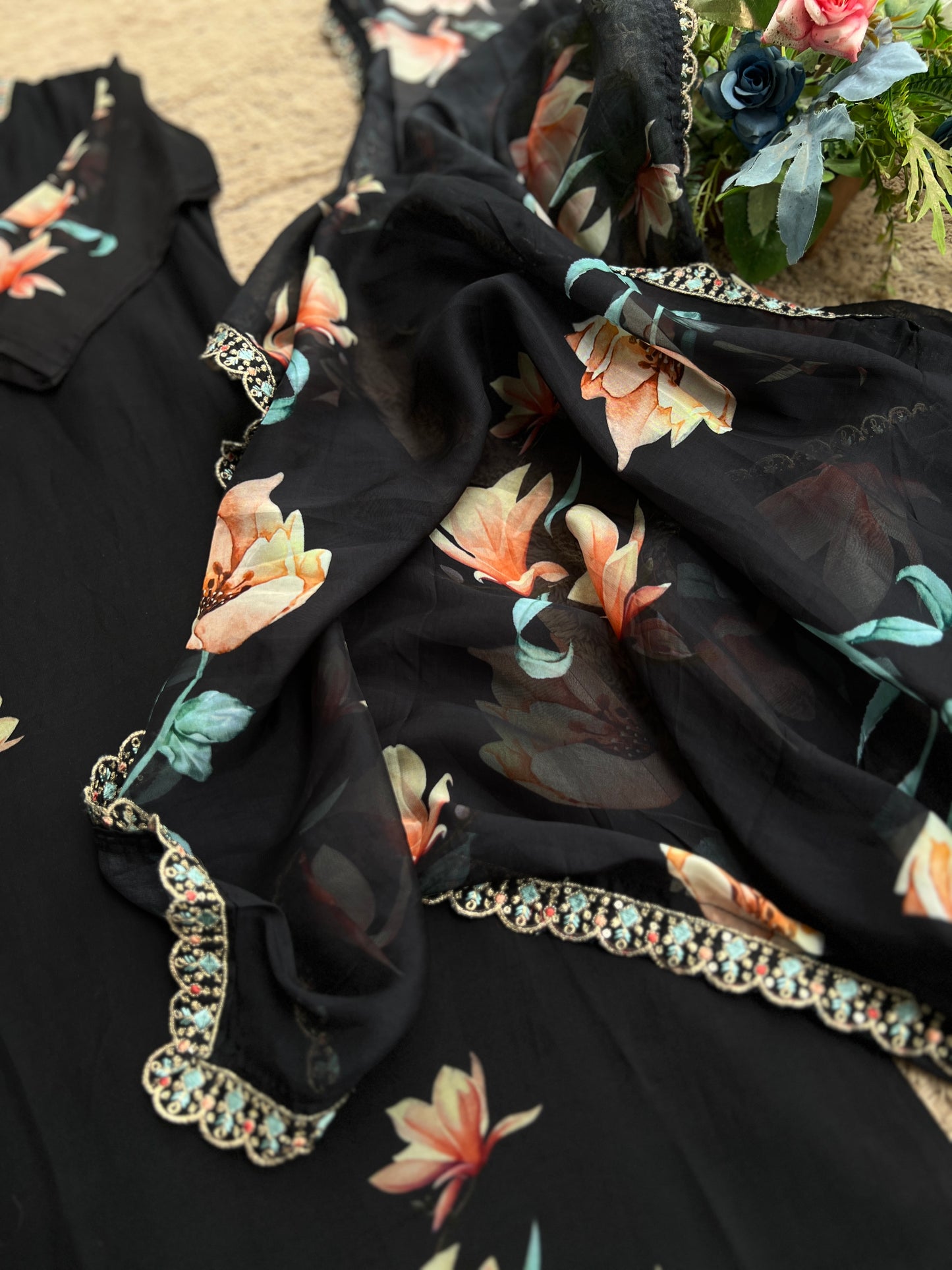 Chic Black Georgette Floral Ready To Wear Salwar Suit
