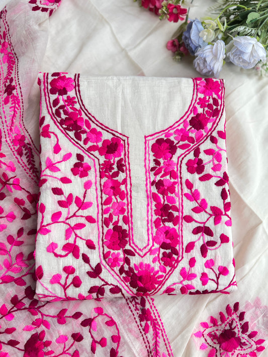 Ivory and Fuchsia Pink Floral Hand-Embroidered Suit Set