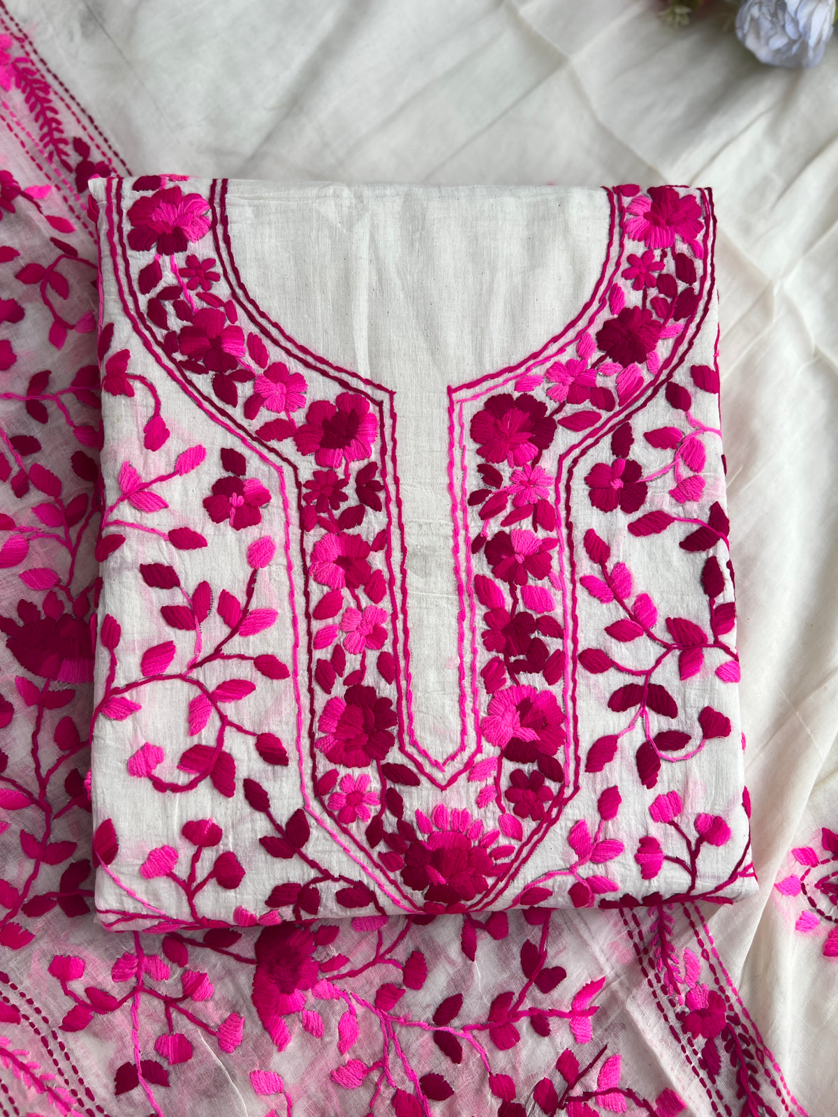 Ivory and Fuchsia Pink Floral Hand-Embroidered Suit Set