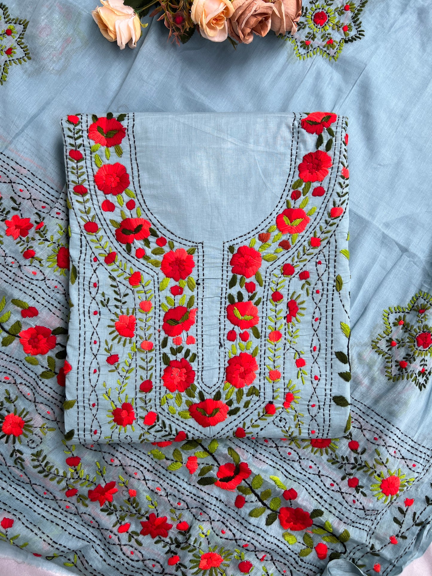 Powder Blue Floral Embroidered Suit