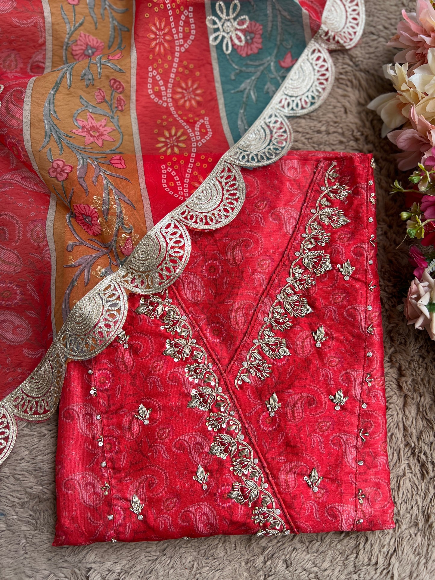 Royal Red Maheshwari Silk Angrakha Suit with Bandhani Dupatta – A Festive Masterpiece