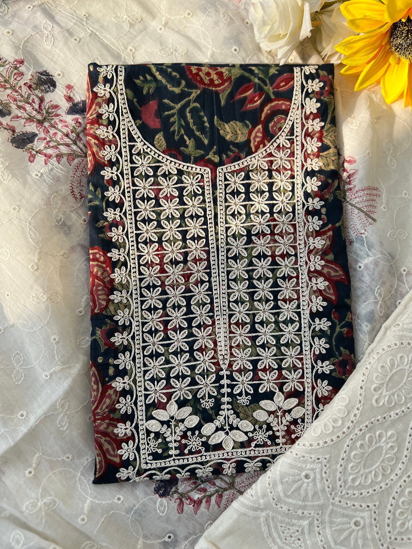 Stunning Embroidered Handblock Cotton Suit Set