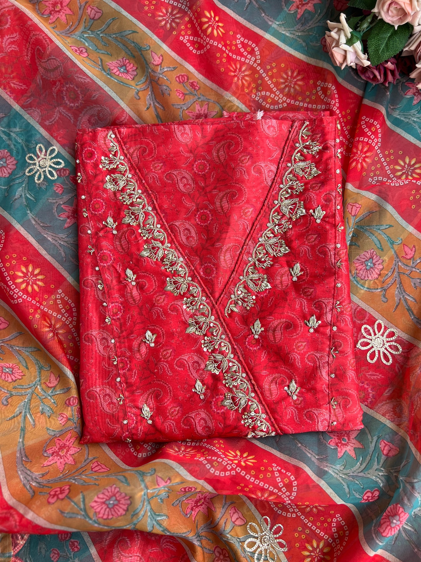 Royal Red Maheshwari Silk Angrakha Suit with Bandhani Dupatta – A Festive Masterpiece