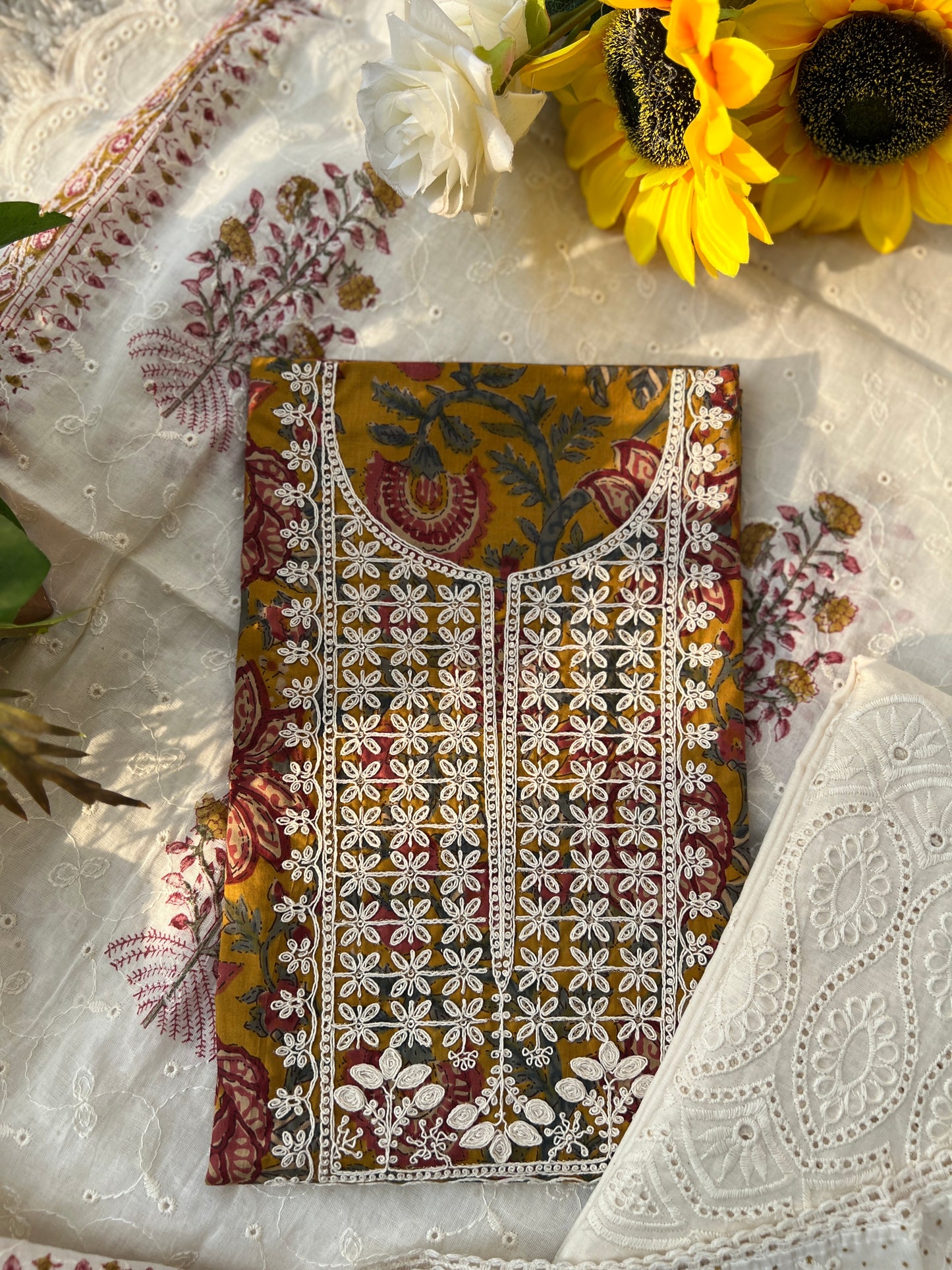 Stunning Embroidered Handblock Cotton Suit Set