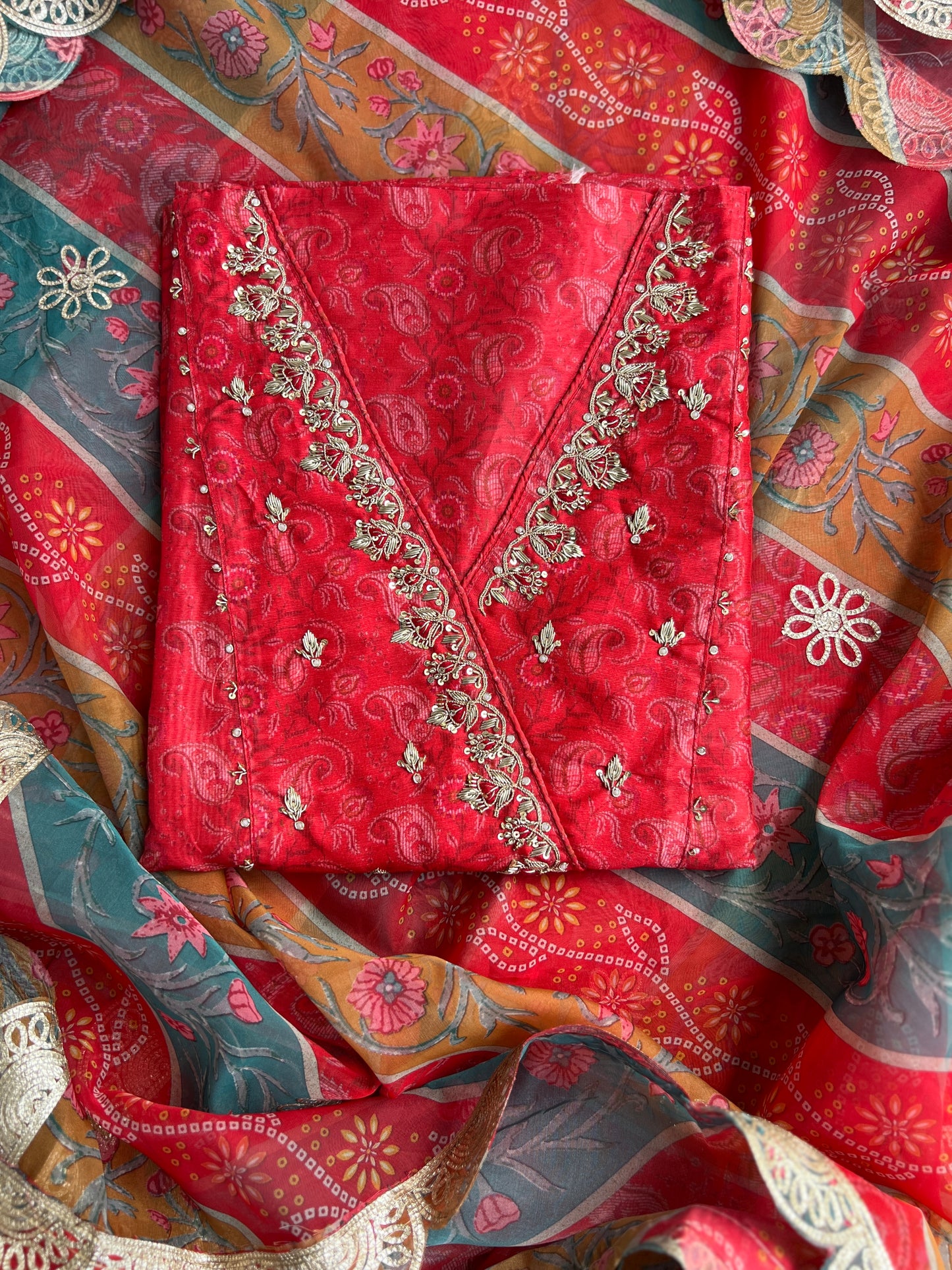 Royal Red Maheshwari Silk Angrakha Suit with Bandhani Dupatta – A Festive Masterpiece