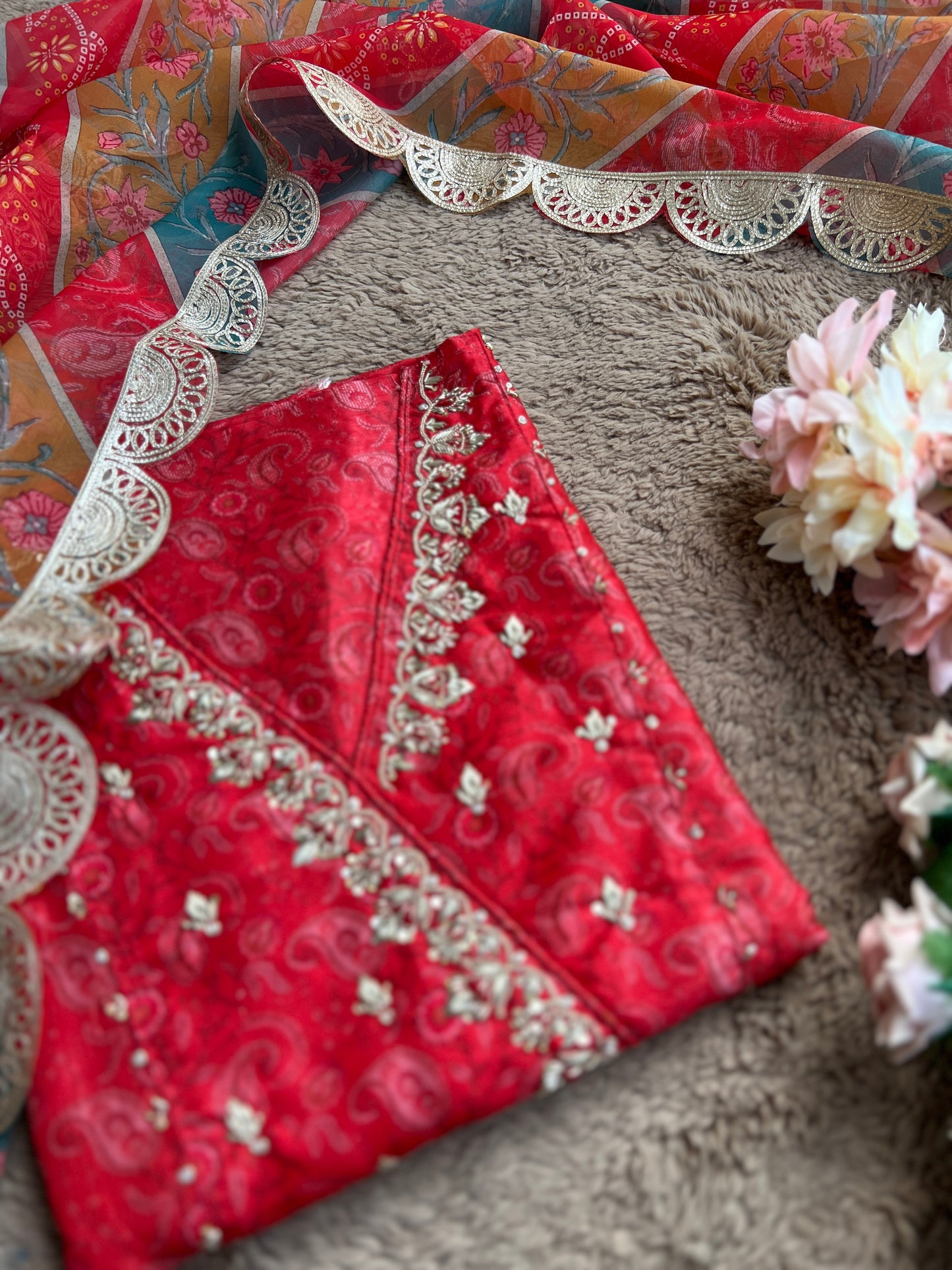 Royal Red Maheshwari Silk Angrakha Suit with Bandhani Dupatta – A Festive Masterpiece