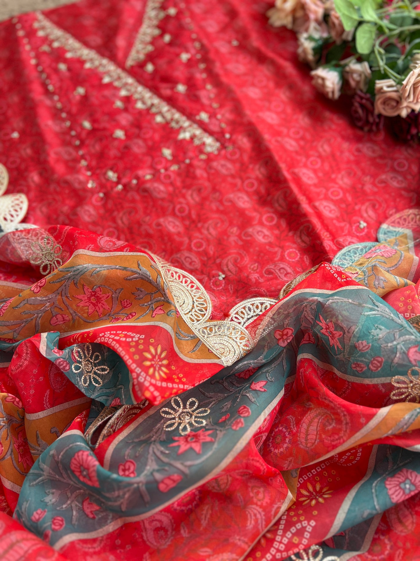 Royal Red Maheshwari Silk Angrakha Suit with Bandhani Dupatta – A Festive Masterpiece