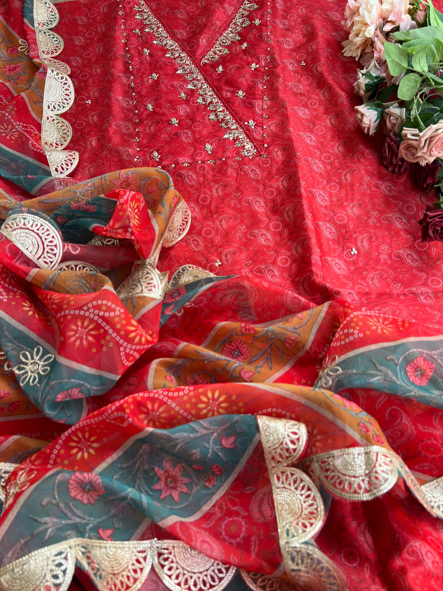 Royal Red Maheshwari Silk Angrakha Suit with Bandhani Dupatta – A Festive Masterpiece