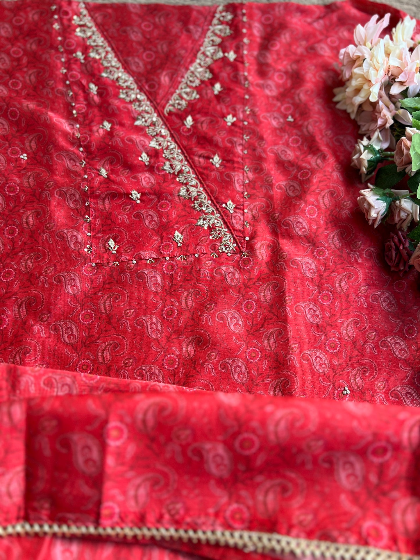 Royal Red Maheshwari Silk Angrakha Suit with Bandhani Dupatta – A Festive Masterpiece