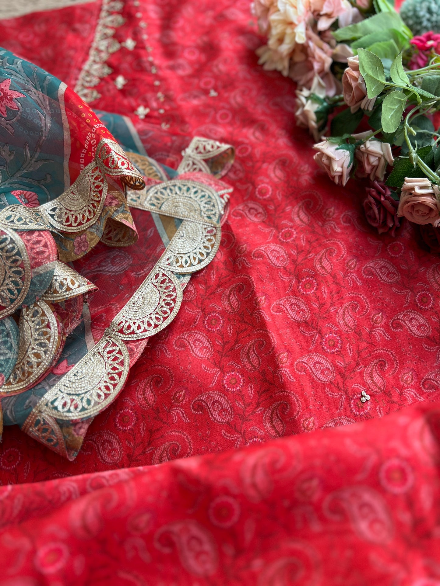 Royal Red Maheshwari Silk Angrakha Suit with Bandhani Dupatta – A Festive Masterpiece