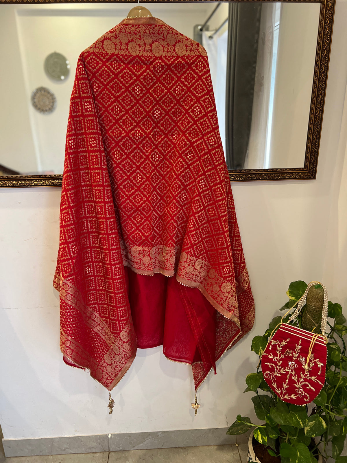 Red Chanderi Suit Set Potli Edition