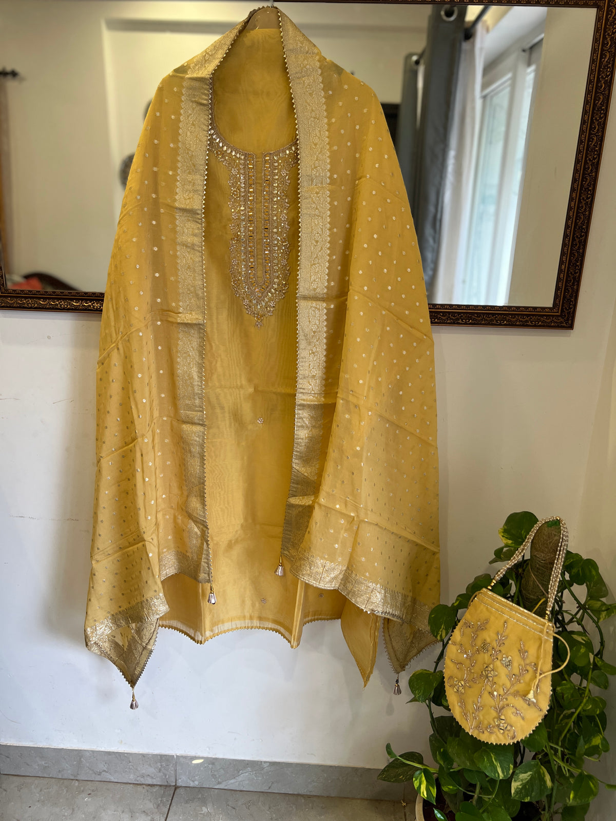Butter Yellow Chanderi Suit Set Potli Edition