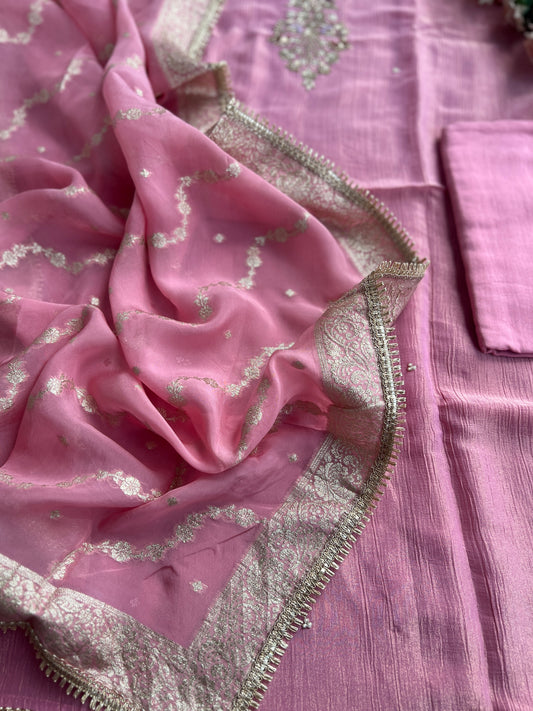 Elegant Pink Crushed Tissue Suit with Tissue Banarasi Dupatta