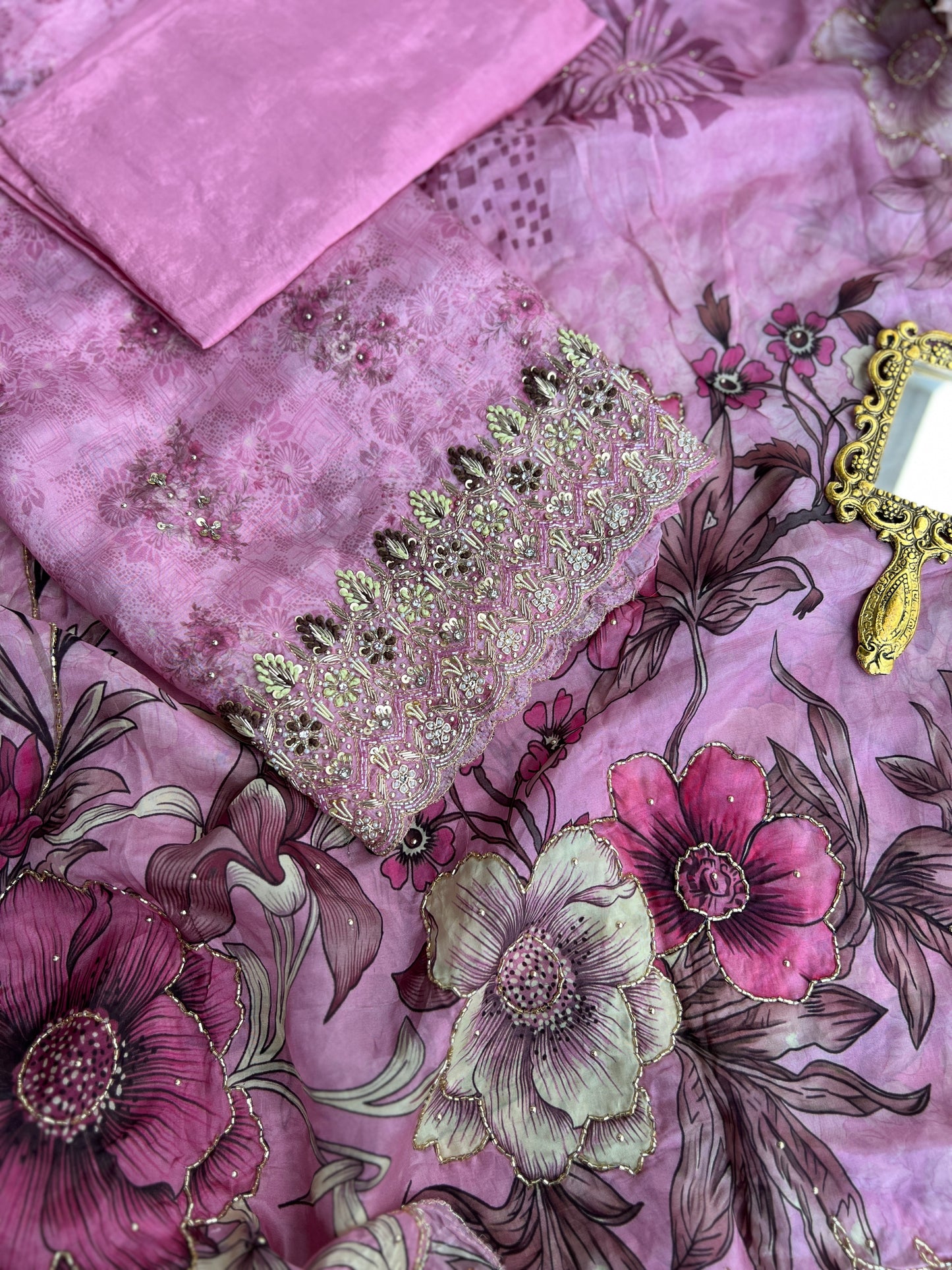 Designer Glacé Organza Cut-Work Suit with Handcrafted Dupatta