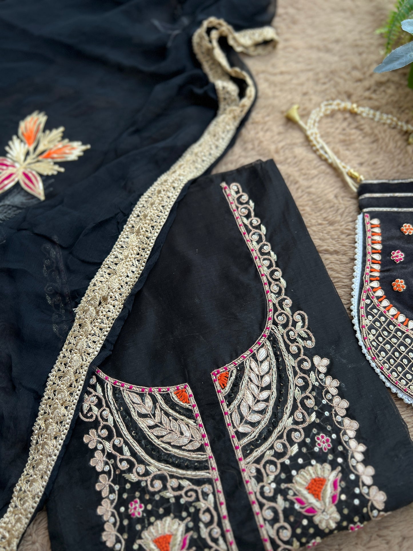 Black Chanderi Silk Suit with Hand Embroidery & Gotaphool Dupatta