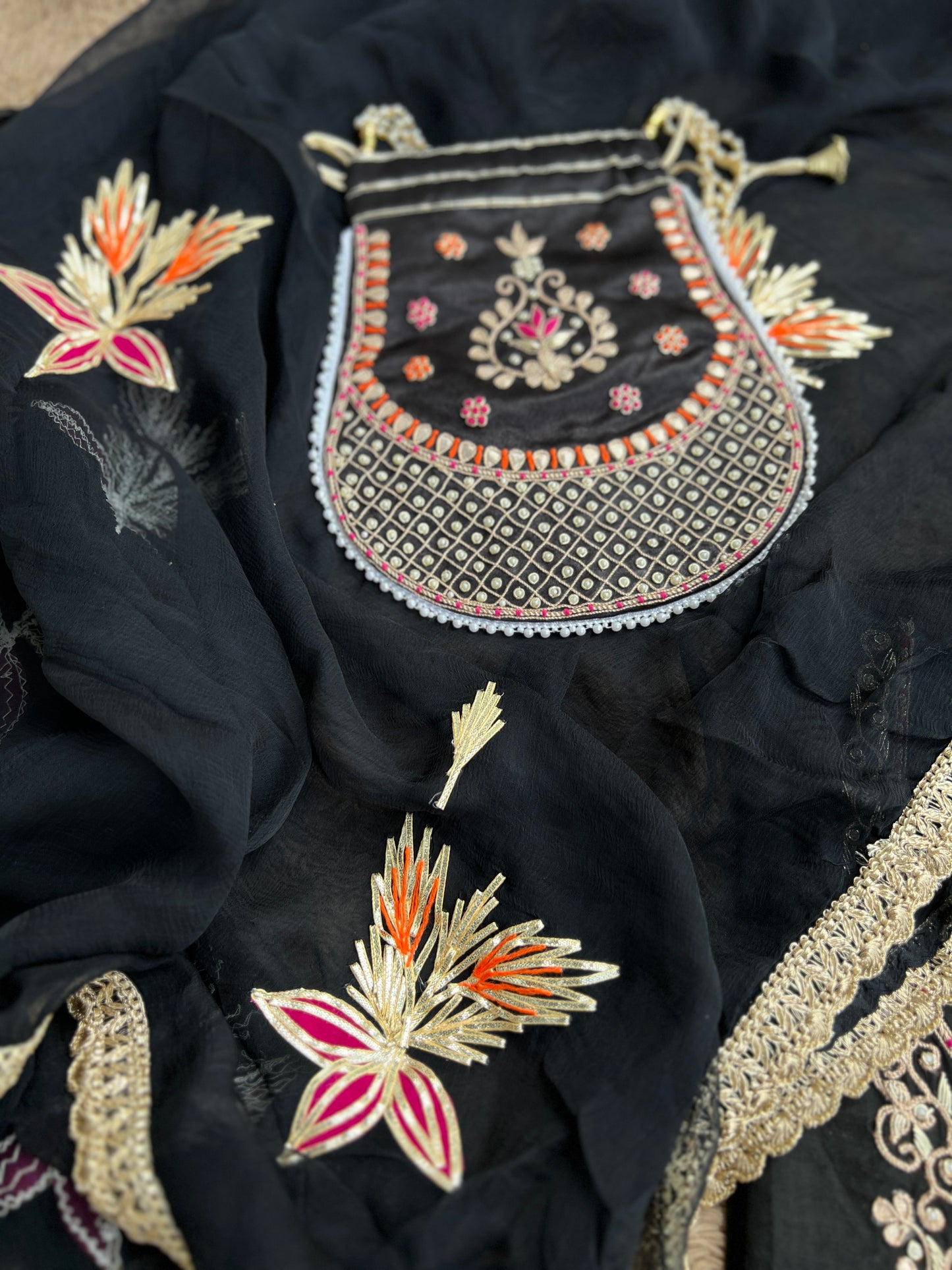 Black Chanderi Silk Suit with Hand Embroidery & Gotaphool Dupatta