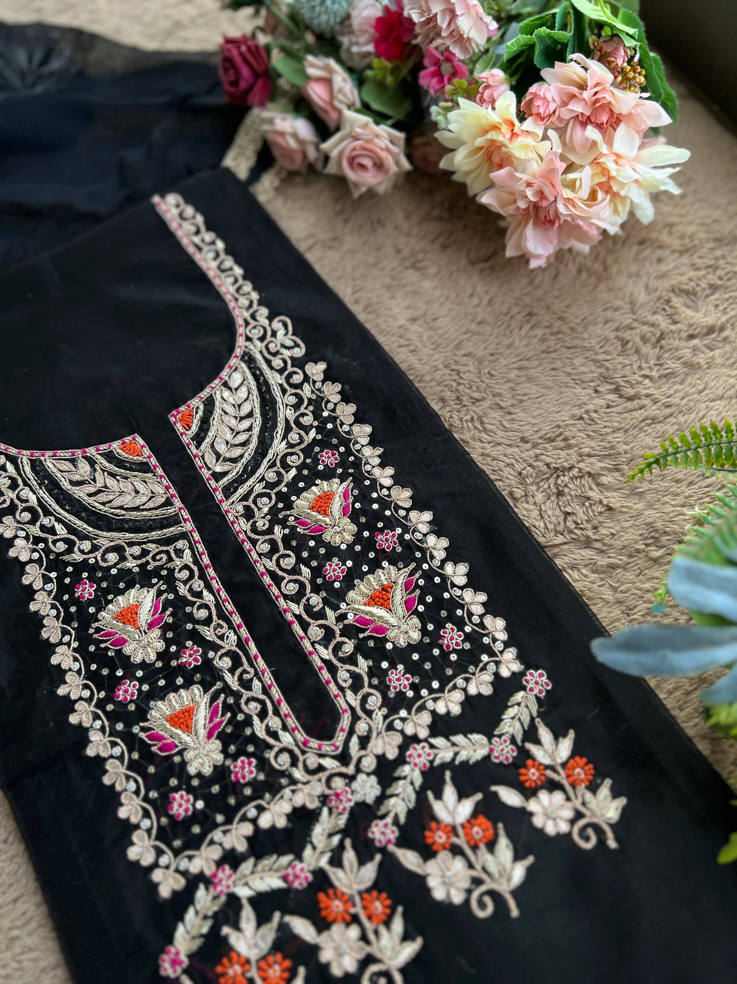Black Chanderi Silk Suit with Hand Embroidery & Gotaphool Dupatta