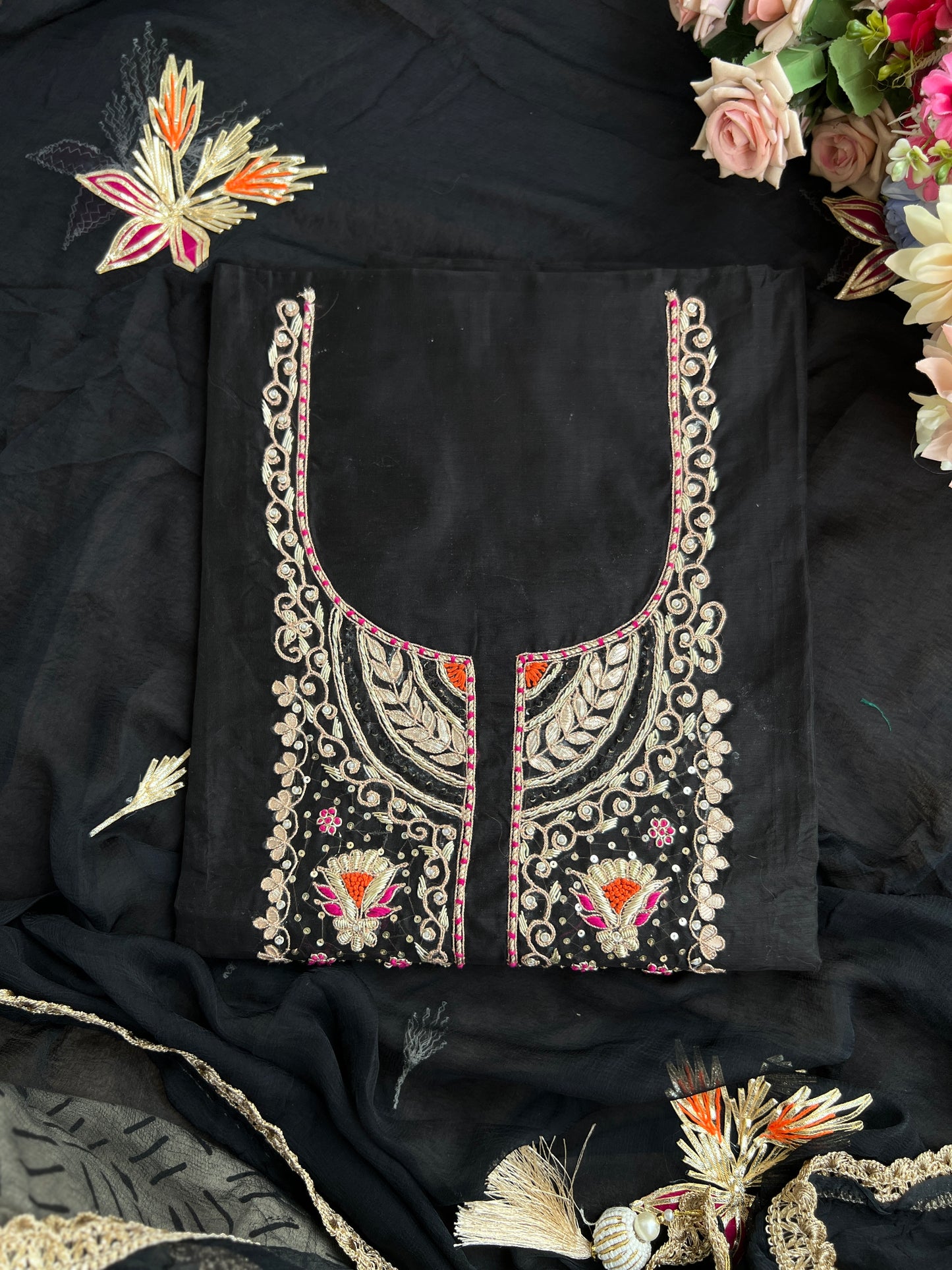 Black Chanderi Silk Suit with Hand Embroidery & Gotaphool Dupatta