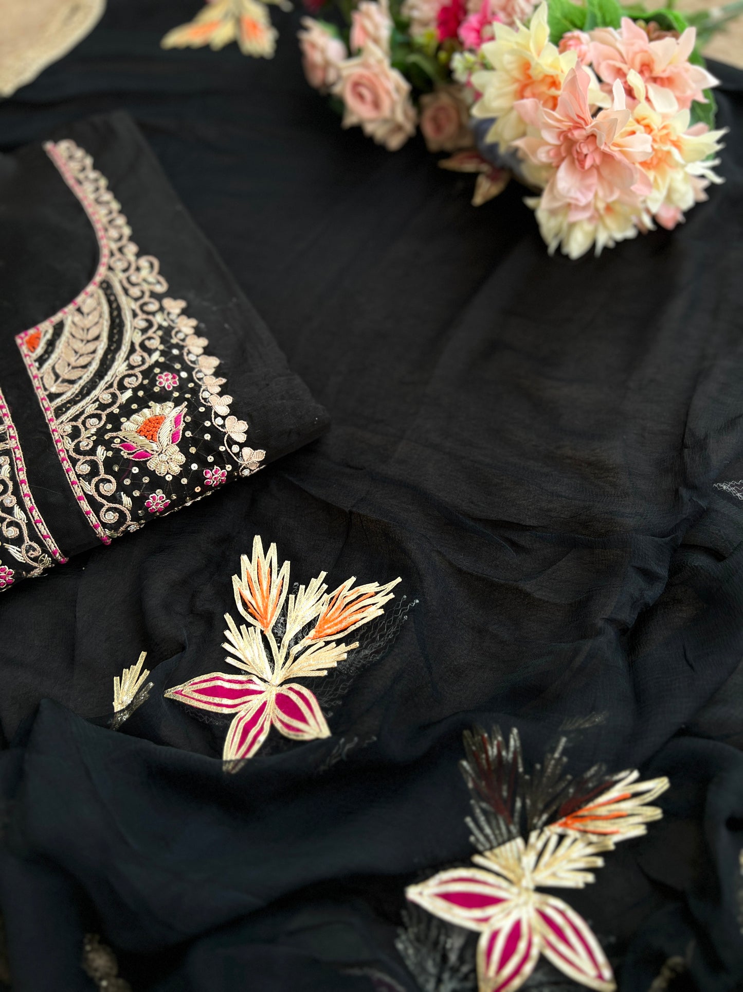 Black Chanderi Silk Suit with Hand Embroidery & Gotaphool Dupatta