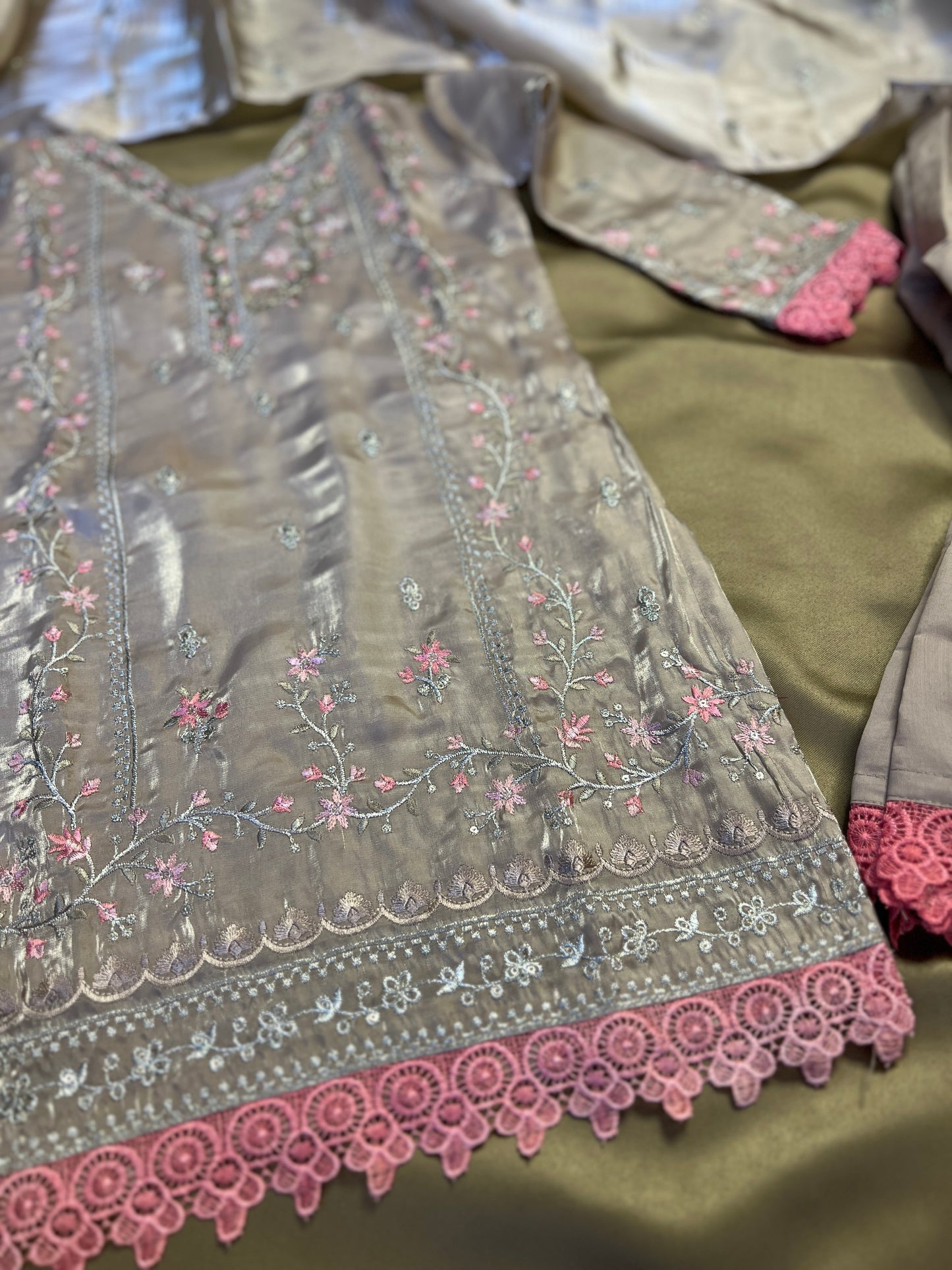 Soft Chiku Shimmer Silk Set with Pink Embroidered Charm | Festive-Ready Sharara Style