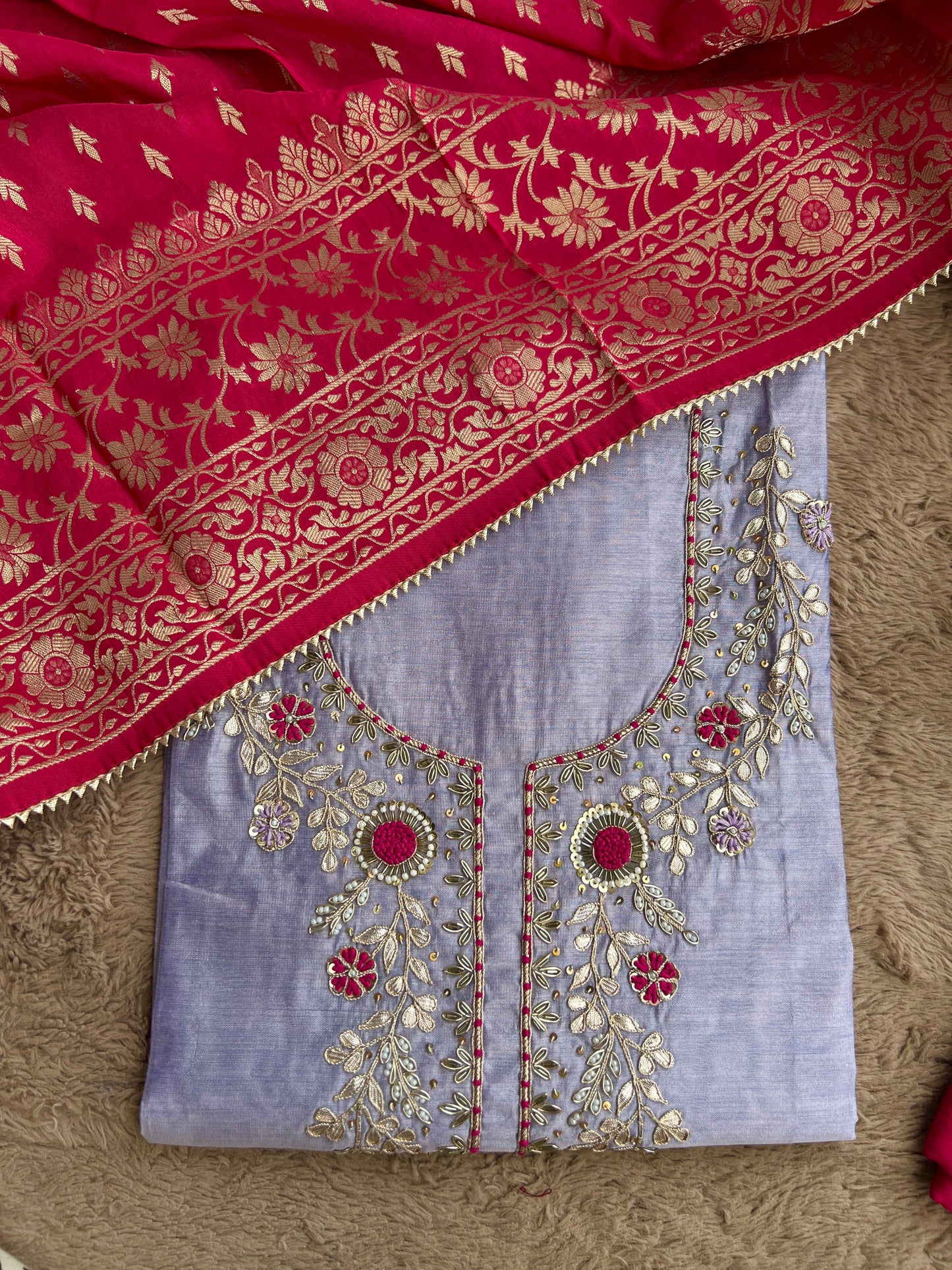 Graceful Purple Ensemble with Exquisite Handwork & Rani Banarasi Elegance