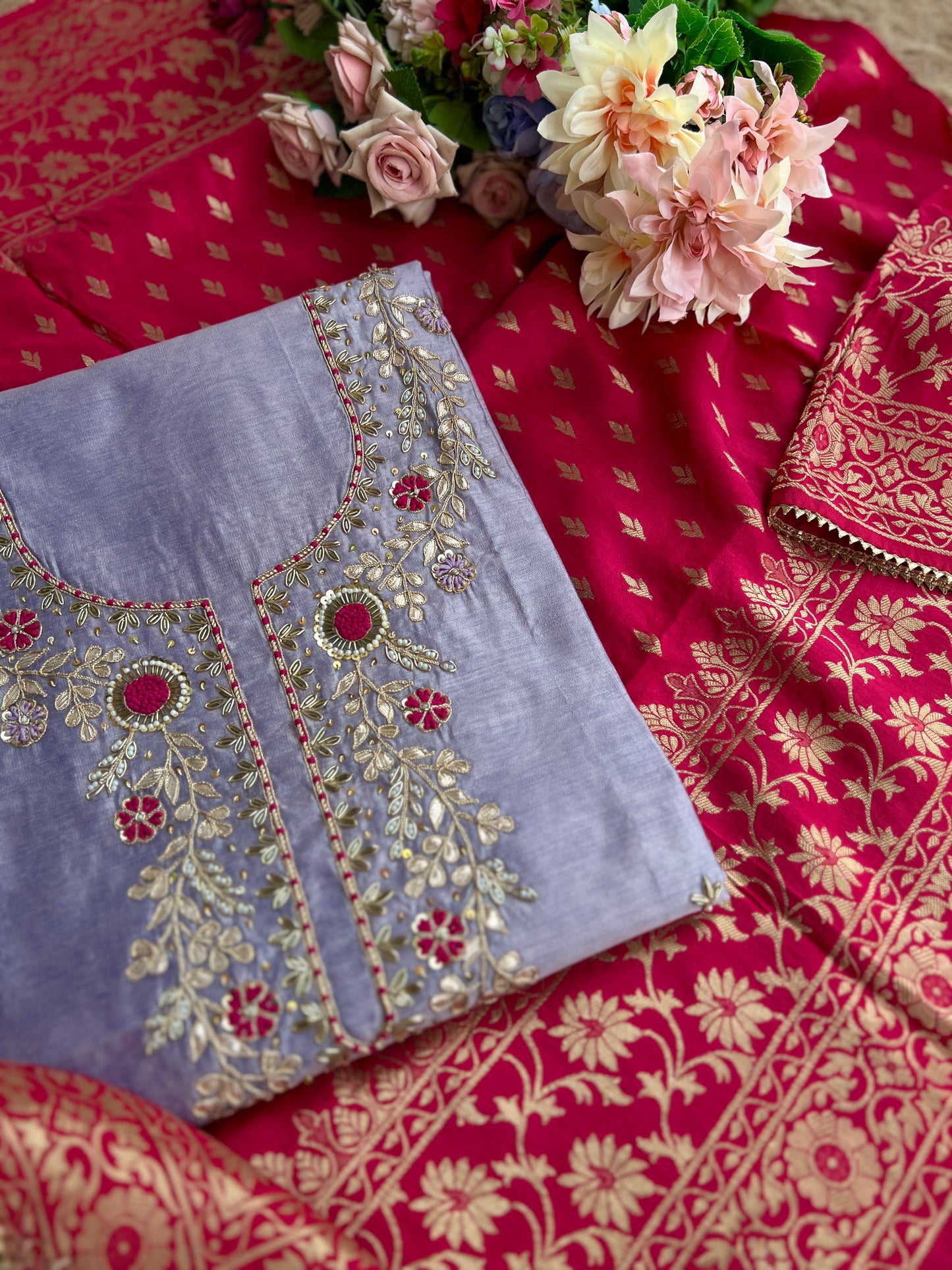 Graceful Purple Ensemble with Exquisite Handwork & Rani Banarasi Elegance