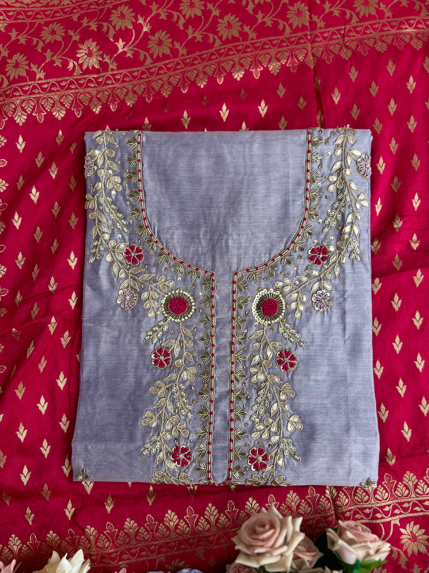 Graceful Purple Ensemble with Exquisite Handwork & Rani Banarasi Elegance