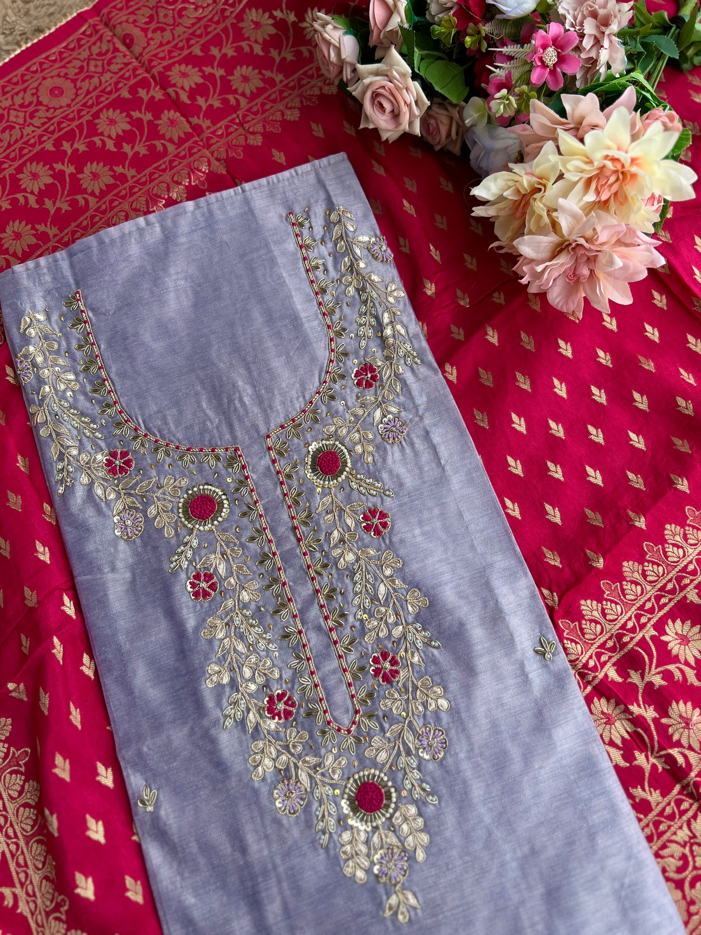 Graceful Purple Ensemble with Exquisite Handwork & Rani Banarasi Elegance