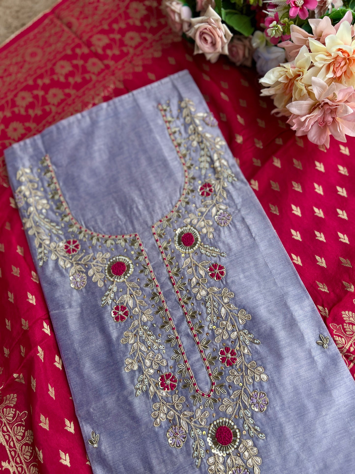Graceful Purple Ensemble with Exquisite Handwork & Rani Banarasi Elegance