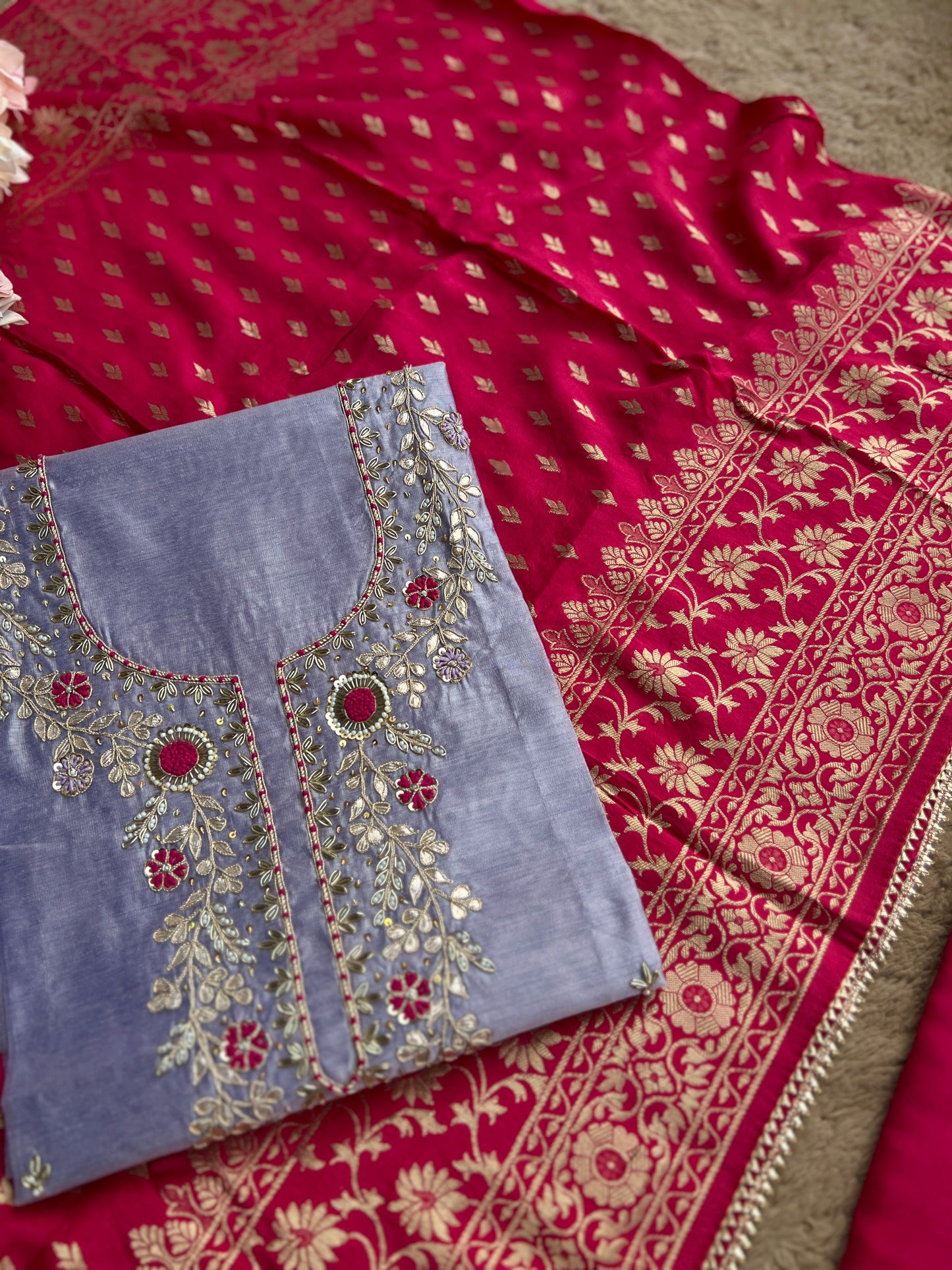 Graceful Purple Ensemble with Exquisite Handwork & Rani Banarasi Elegance