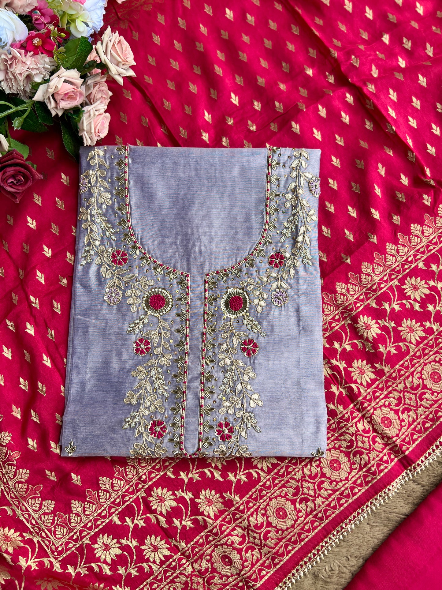 Graceful Purple Ensemble with Exquisite Handwork & Rani Banarasi Elegance