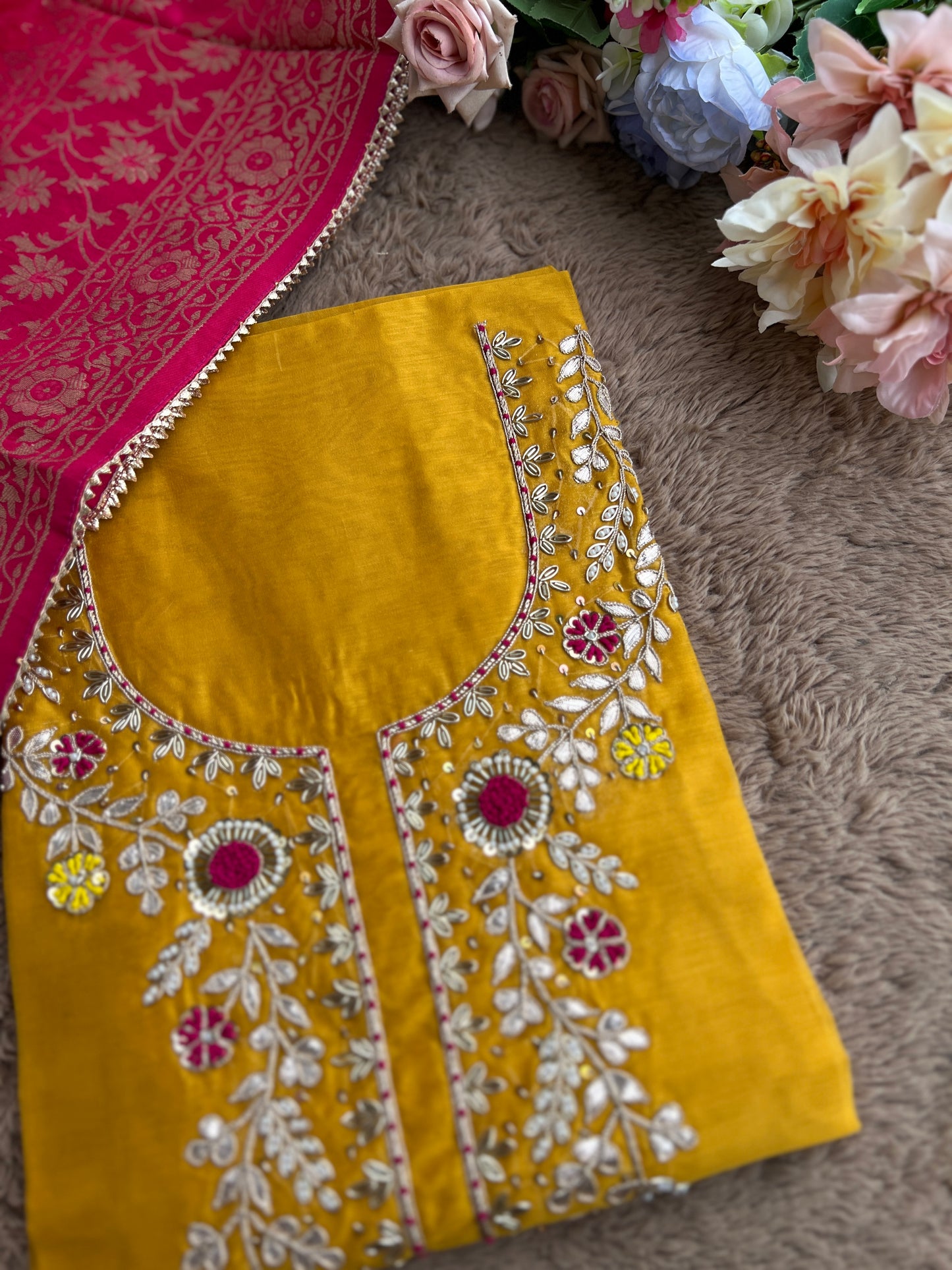 Royal Yellow–Rani Silk Suit with Exquisite Hand Embroidery & Banarasi Char