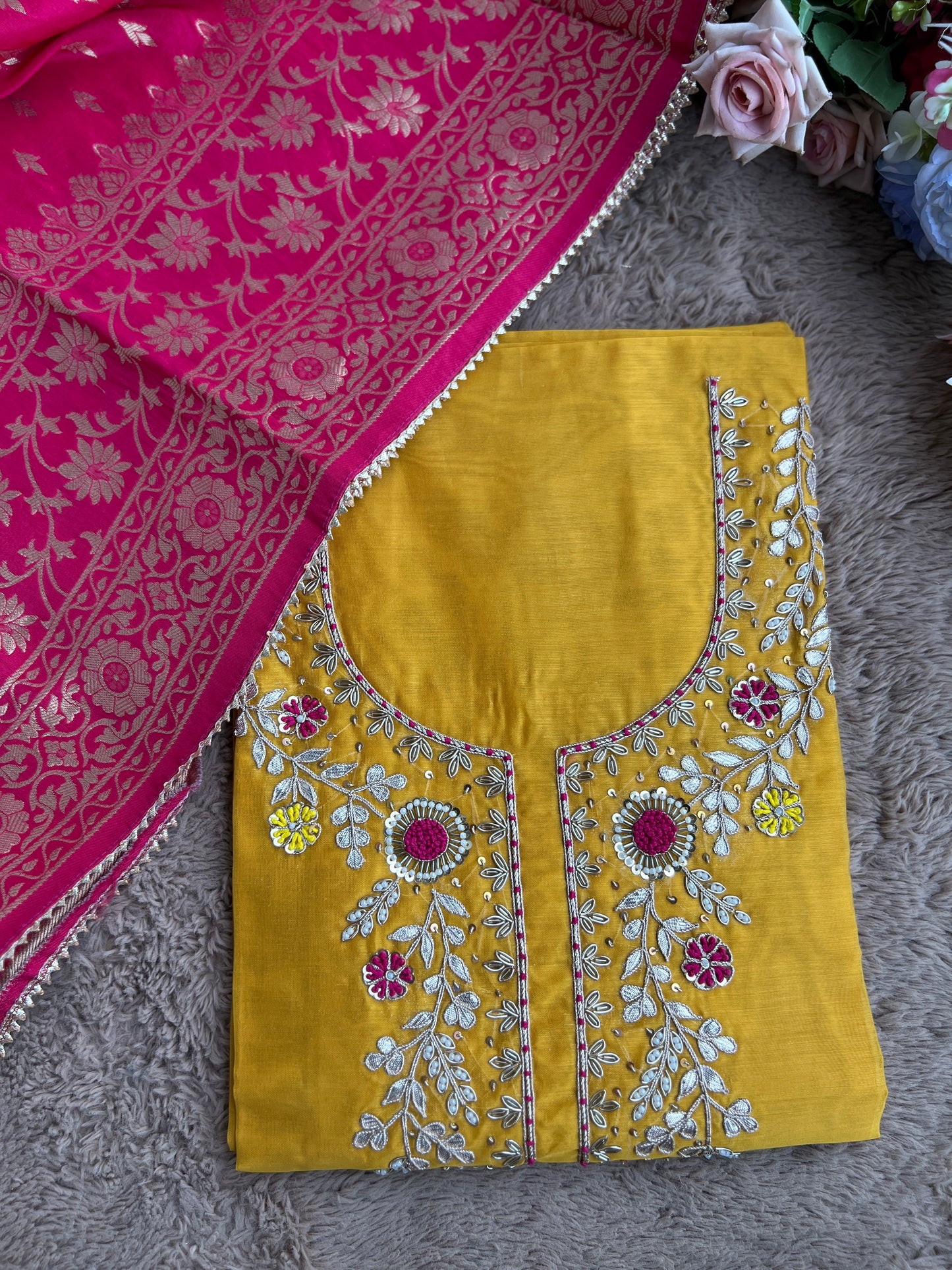 Royal Yellow–Rani Silk Suit with Exquisite Hand Embroidery & Banarasi Char