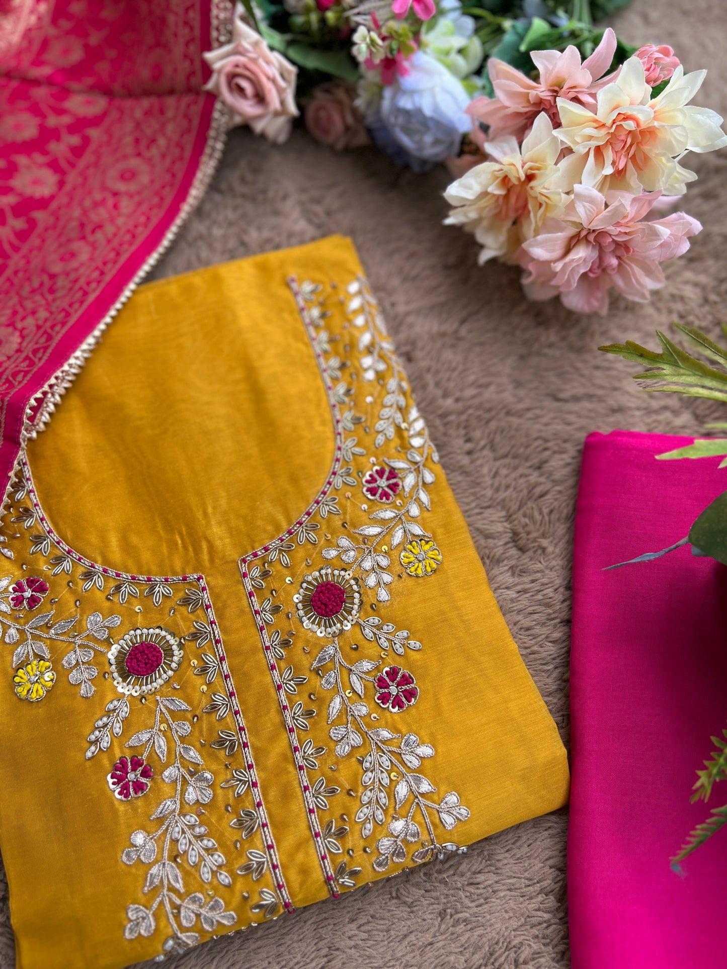 Royal Yellow–Rani Silk Suit with Exquisite Hand Embroidery & Banarasi Char
