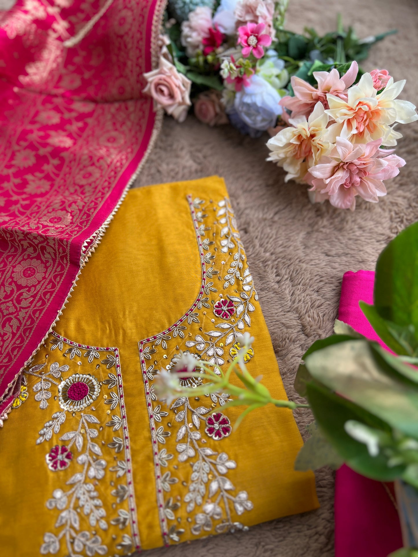 Royal Yellow–Rani Silk Suit with Exquisite Hand Embroidery & Banarasi Char
