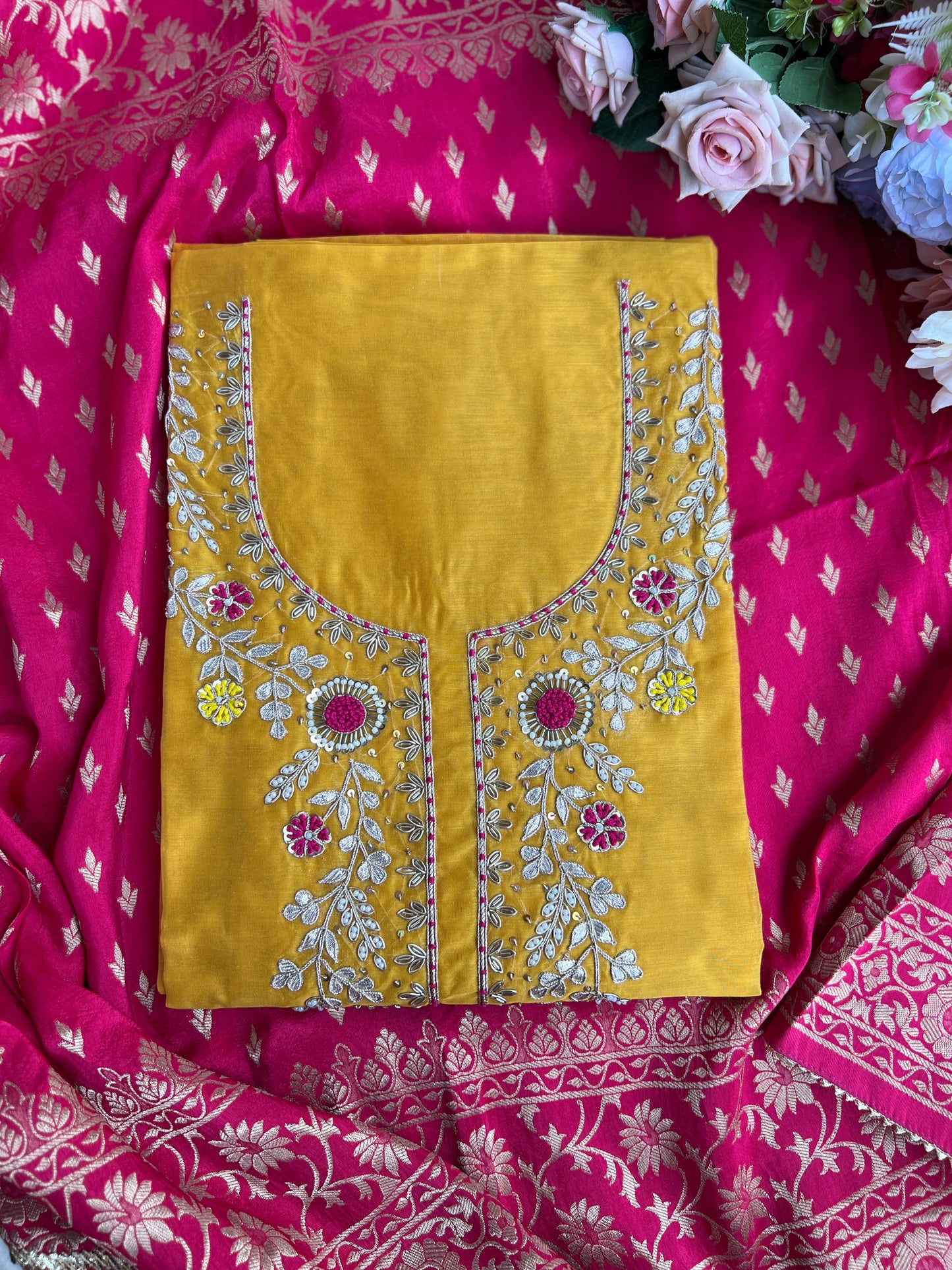 Royal Yellow–Rani Silk Suit with Exquisite Hand Embroidery & Banarasi Char