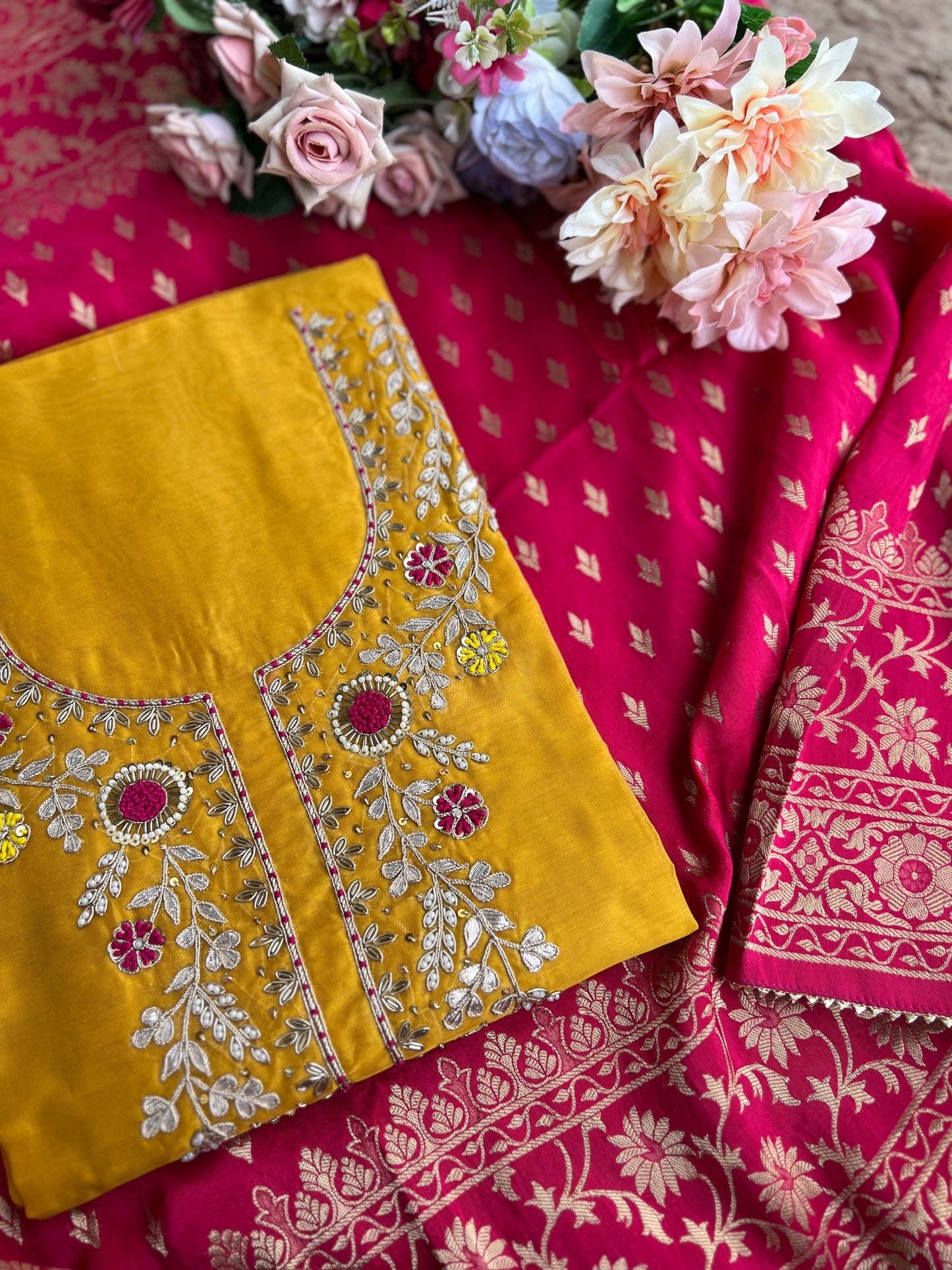 Royal Yellow–Rani Silk Suit with Exquisite Hand Embroidery & Banarasi Char