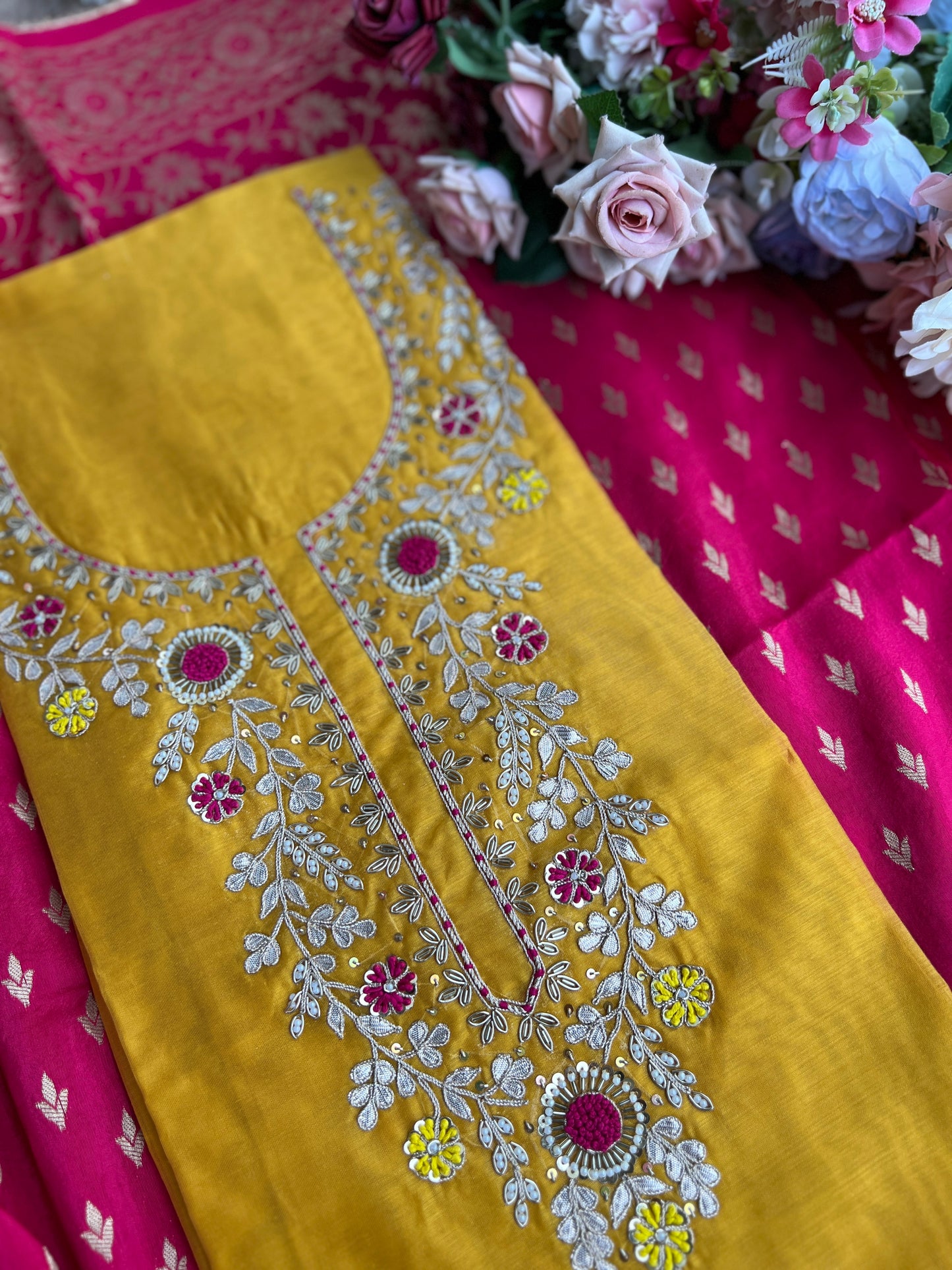Royal Yellow–Rani Silk Suit with Exquisite Hand Embroidery & Banarasi Char