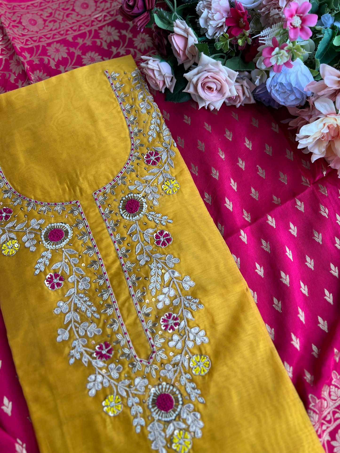 Royal Yellow–Rani Silk Suit with Exquisite Hand Embroidery & Banarasi Char