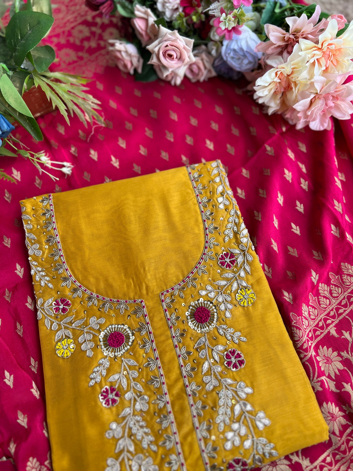 Royal Yellow–Rani Silk Suit with Exquisite Hand Embroidery & Banarasi Char