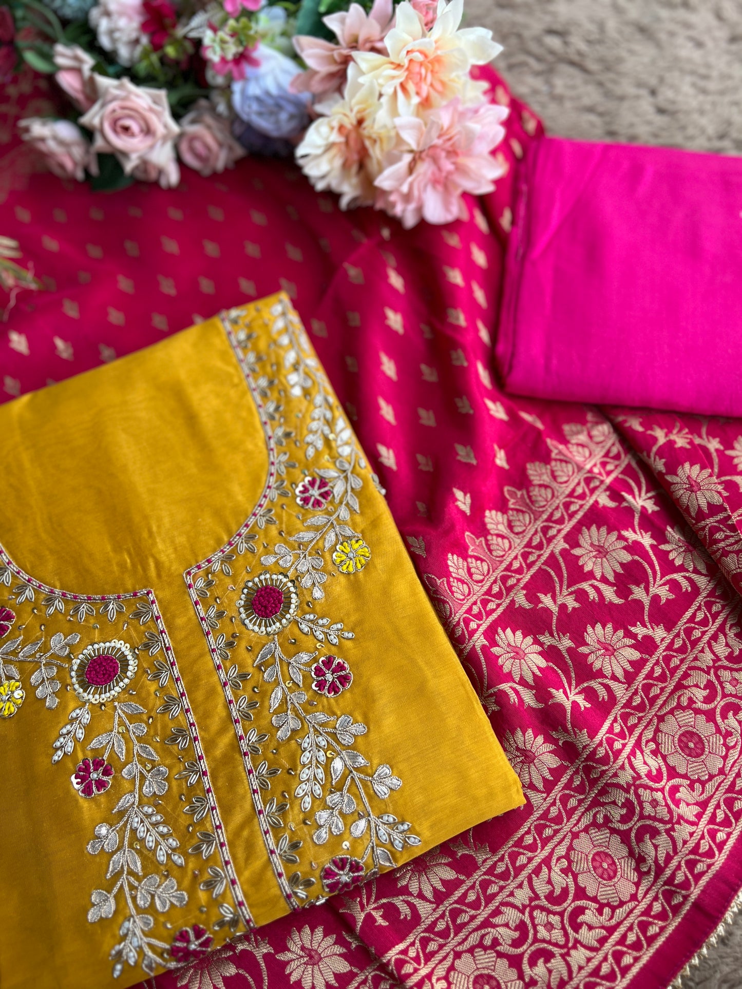 Royal Yellow–Rani Silk Suit with Exquisite Hand Embroidery & Banarasi Char