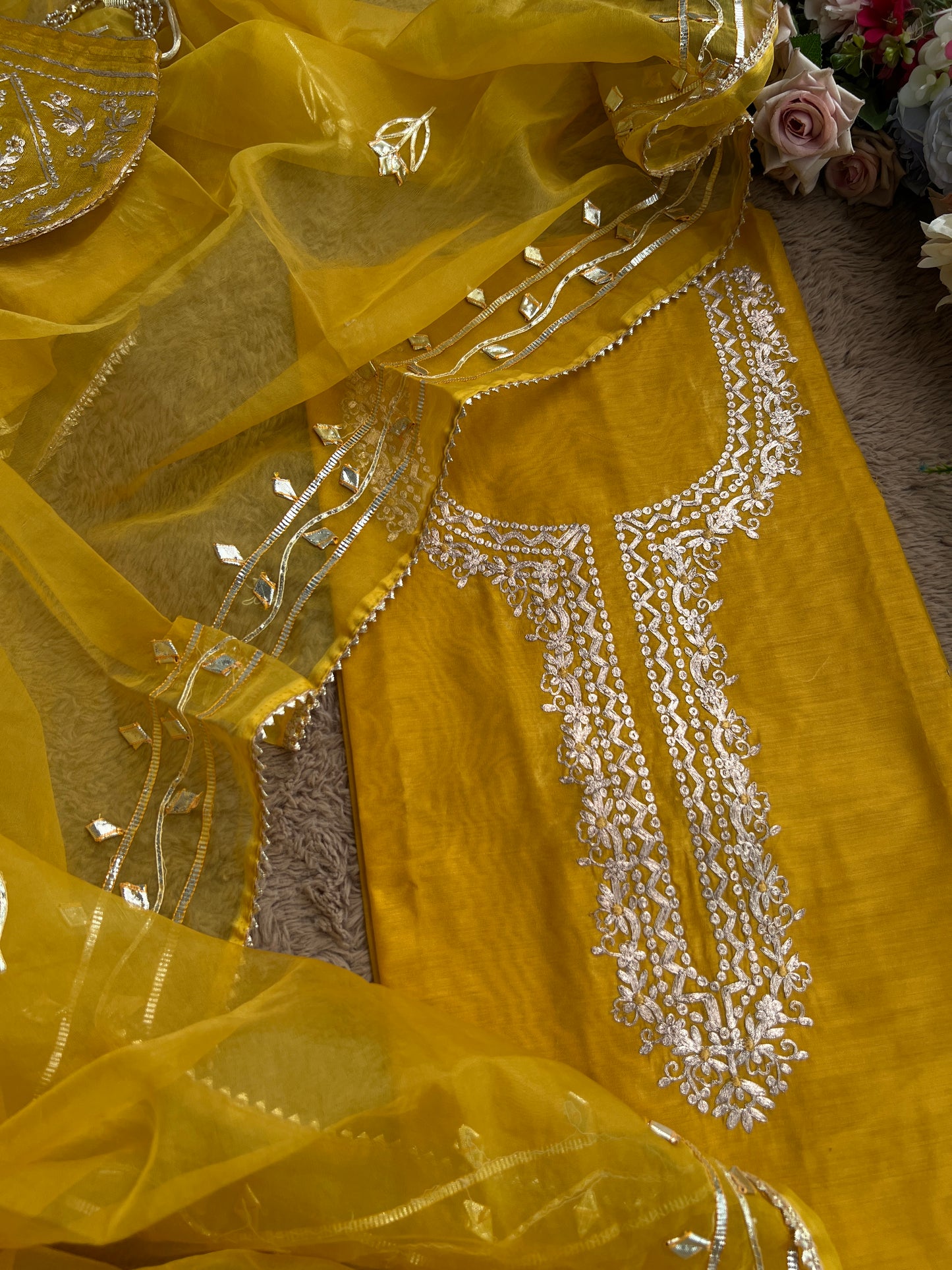 Yellow Chanderi suit with Pitta Work & Gotapatti Organza Dupatta
