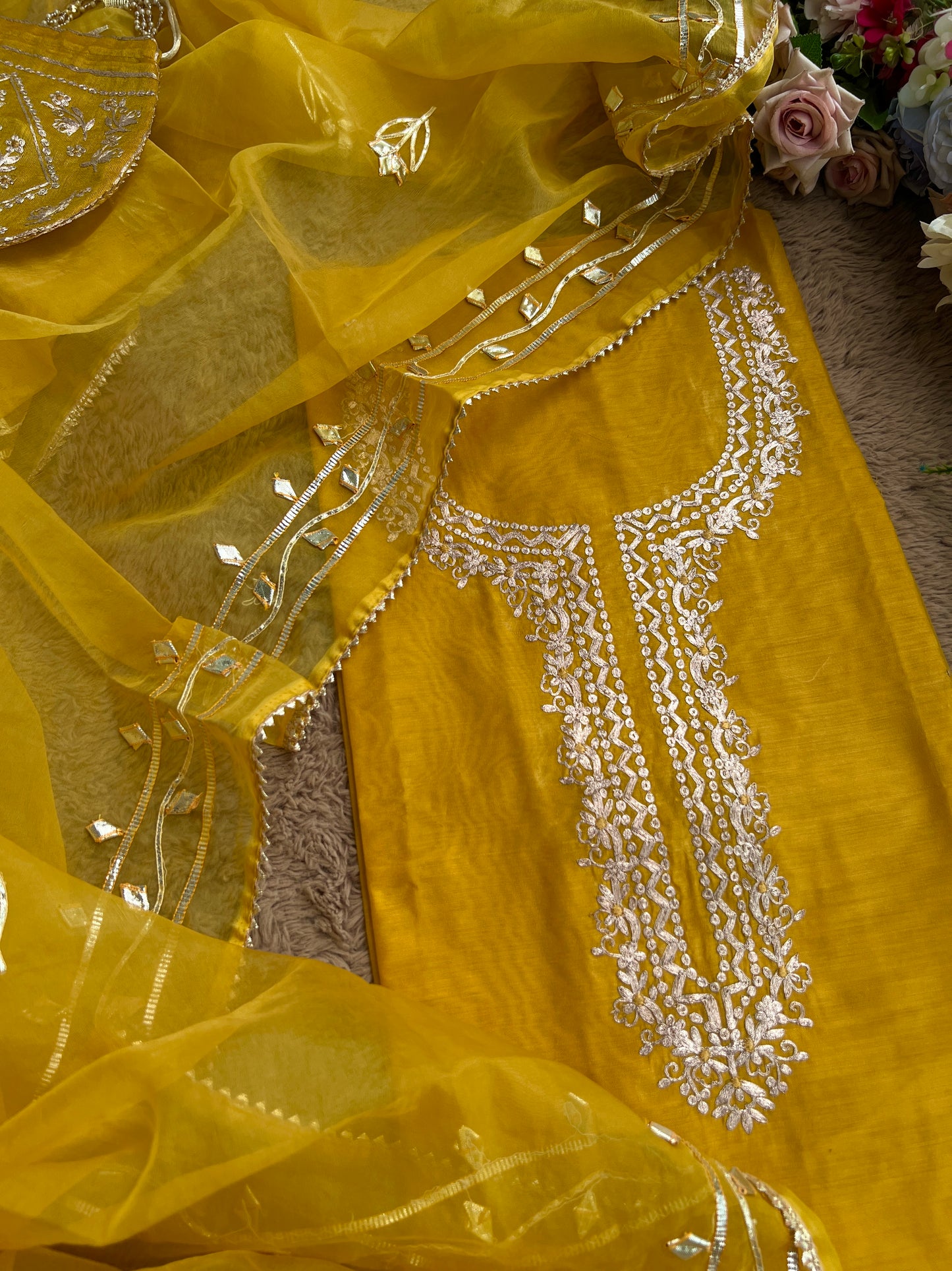 Yellow Chanderi suit with Pitta Work & Gotapatti Organza Dupatta