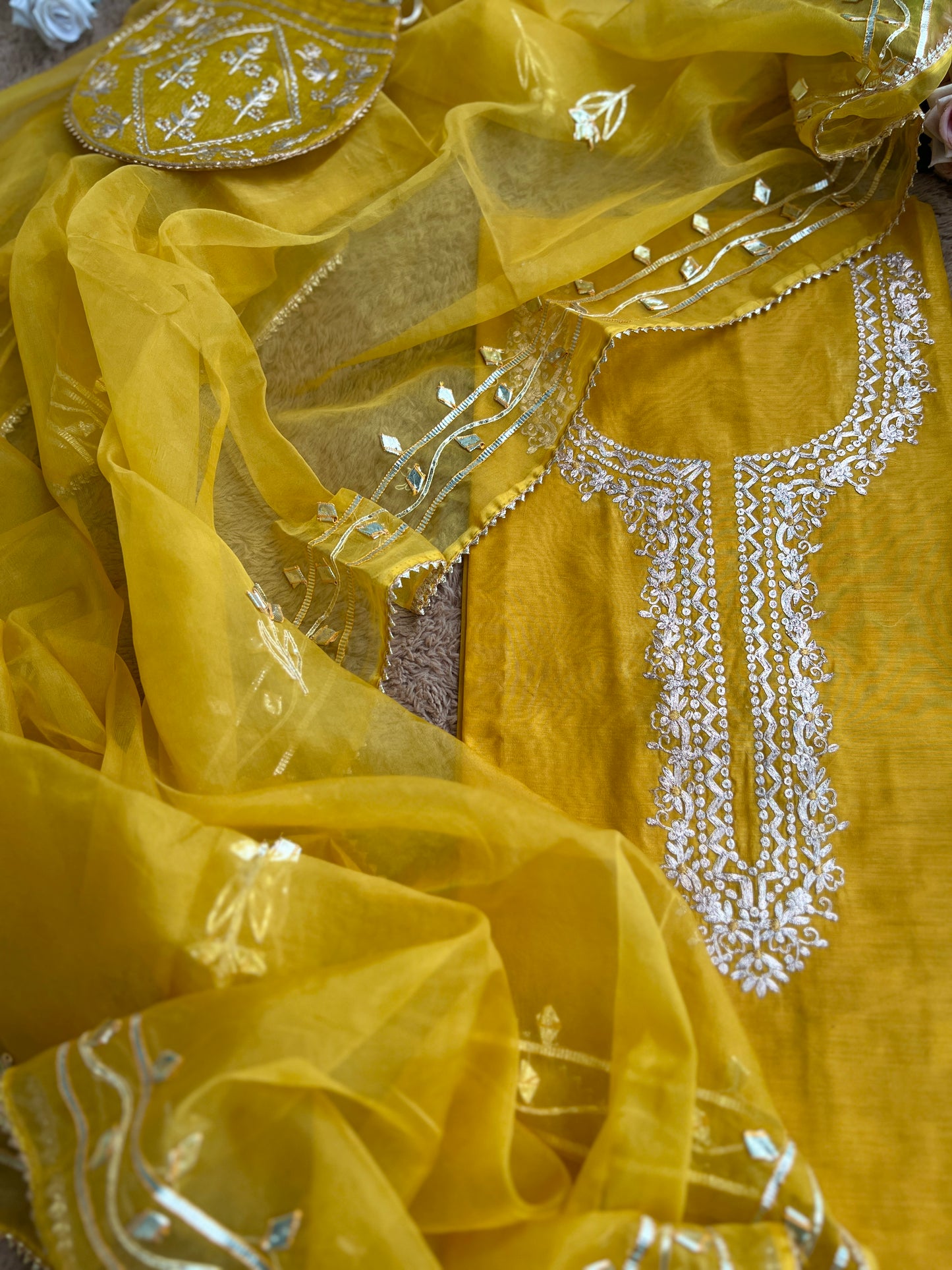 Yellow Chanderi suit with Pitta Work & Gotapatti Organza Dupatta