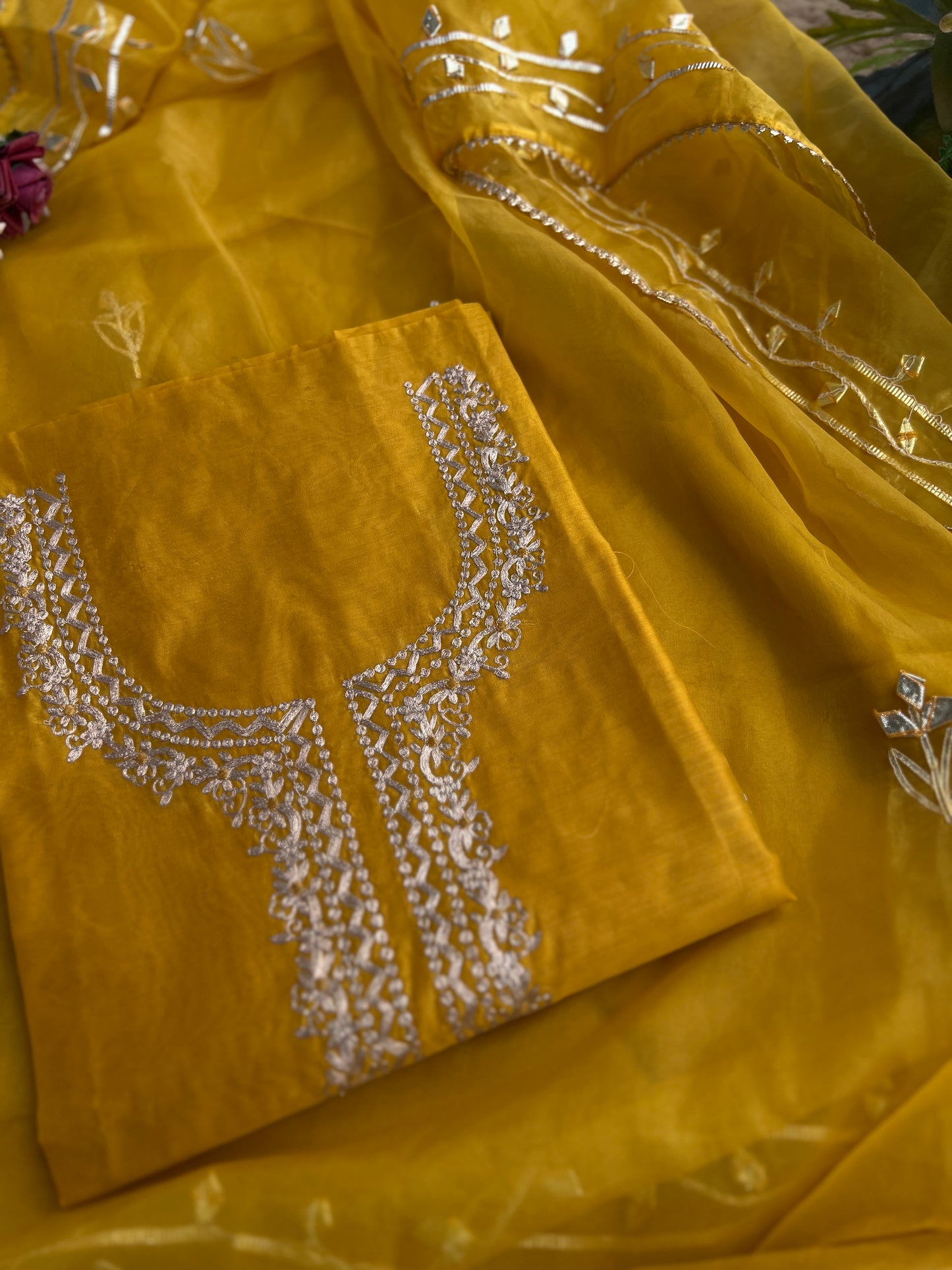 Yellow Chanderi suit with Pitta Work & Gotapatti Organza Dupatta