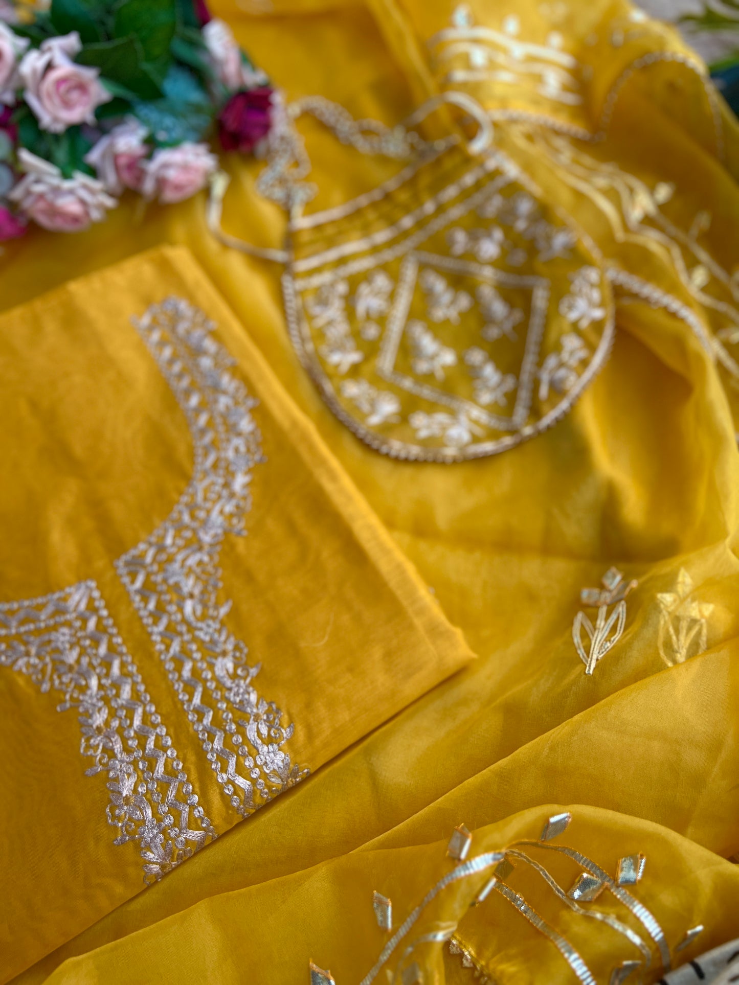 Yellow Chanderi suit with Pitta Work & Gotapatti Organza Dupatta